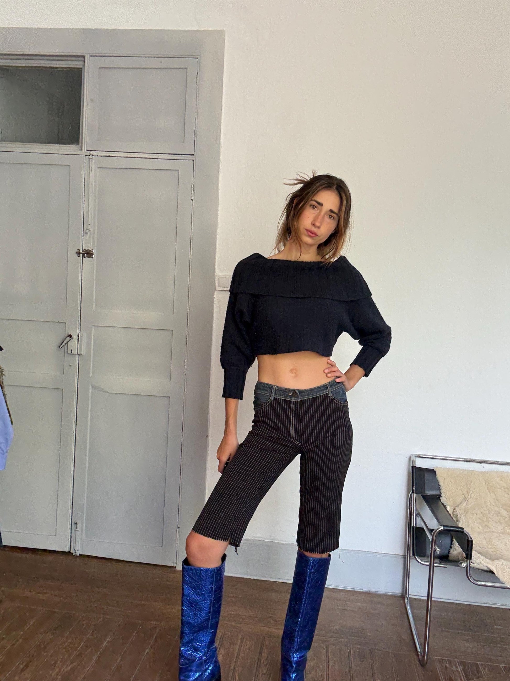 Y2K Pinstripe & Denim Patchwork Capri Pants – Vintage 90s Low Waist Pants | Size M