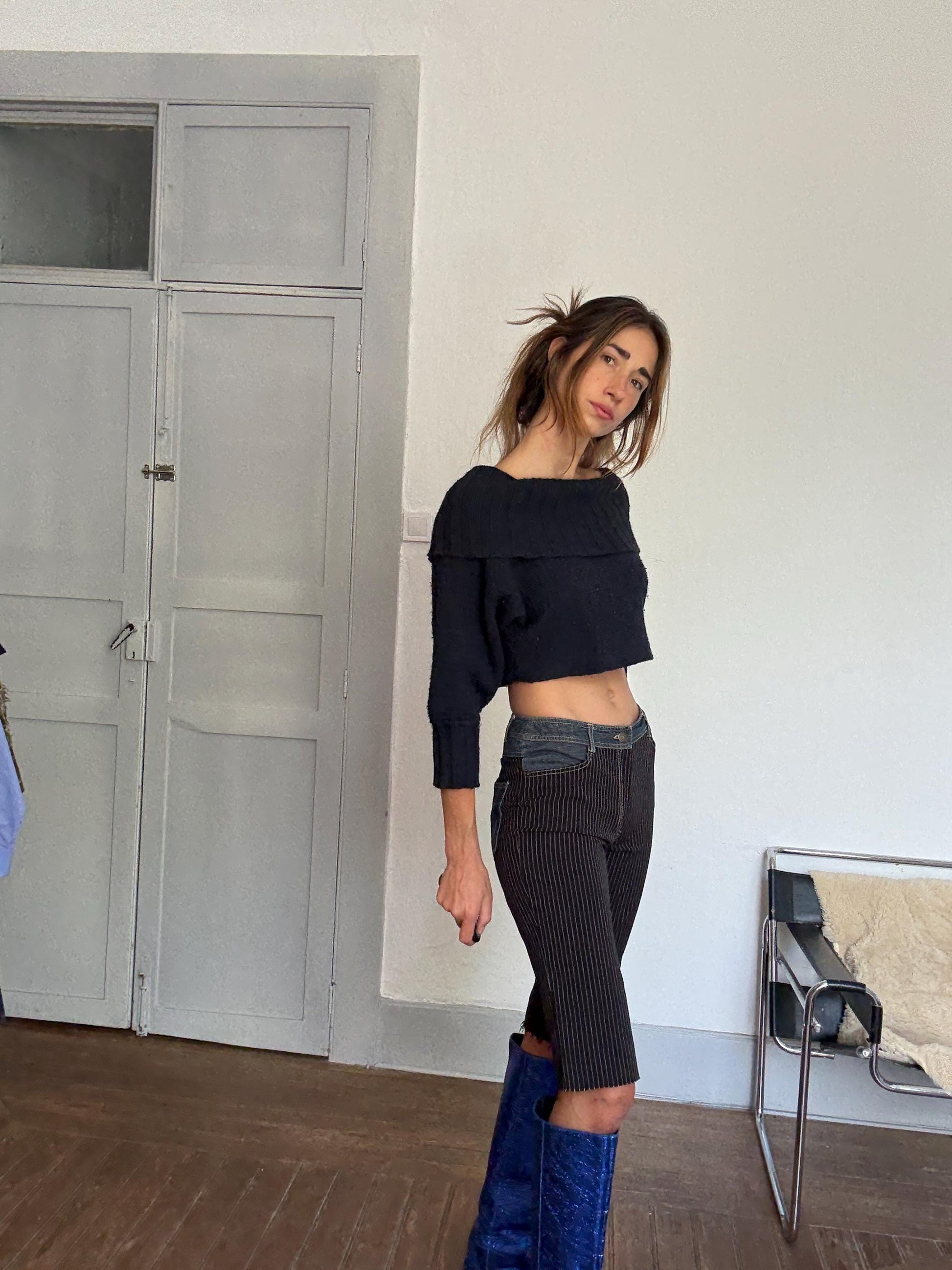 Y2K Pinstripe & Denim Patchwork Capri Pants – Vintage 90s Low Waist Pants | Size M