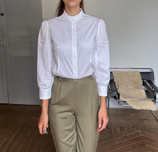 Vintage White Cotton Ruffle Blouse – Mock Neck Formal Shirt, Size 38 M, Elegant Officewear