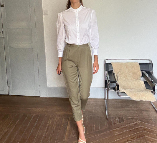 Vintage Italian Wool Trousers – Green Pleated High Waist Pants, Light Academia Workwear, 100% Wool, Made in Italy, Size XS - S