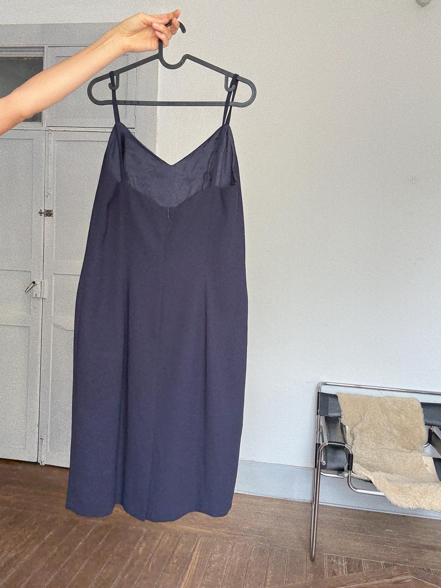 Vintage Navy Blue Slip Dress by Simon Ellis – Elegant Minimalist Occasion Dress, Size L / UK 16 / US 12