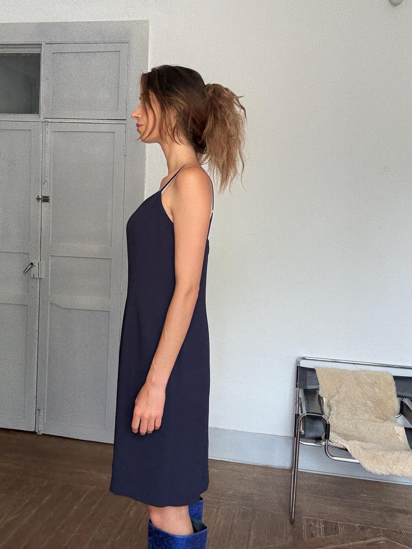 Vintage Navy Blue Slip Dress by Simon Ellis – Elegant Minimalist Occasion Dress, Size L / UK 16 / US 12