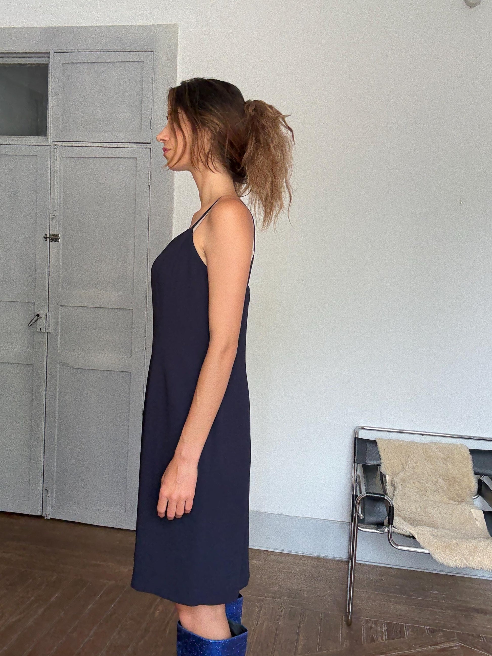 Vintage Navy Blue Slip Dress by Simon Ellis – Elegant Minimalist Occasion Dress, Size L / UK 16 / US 12