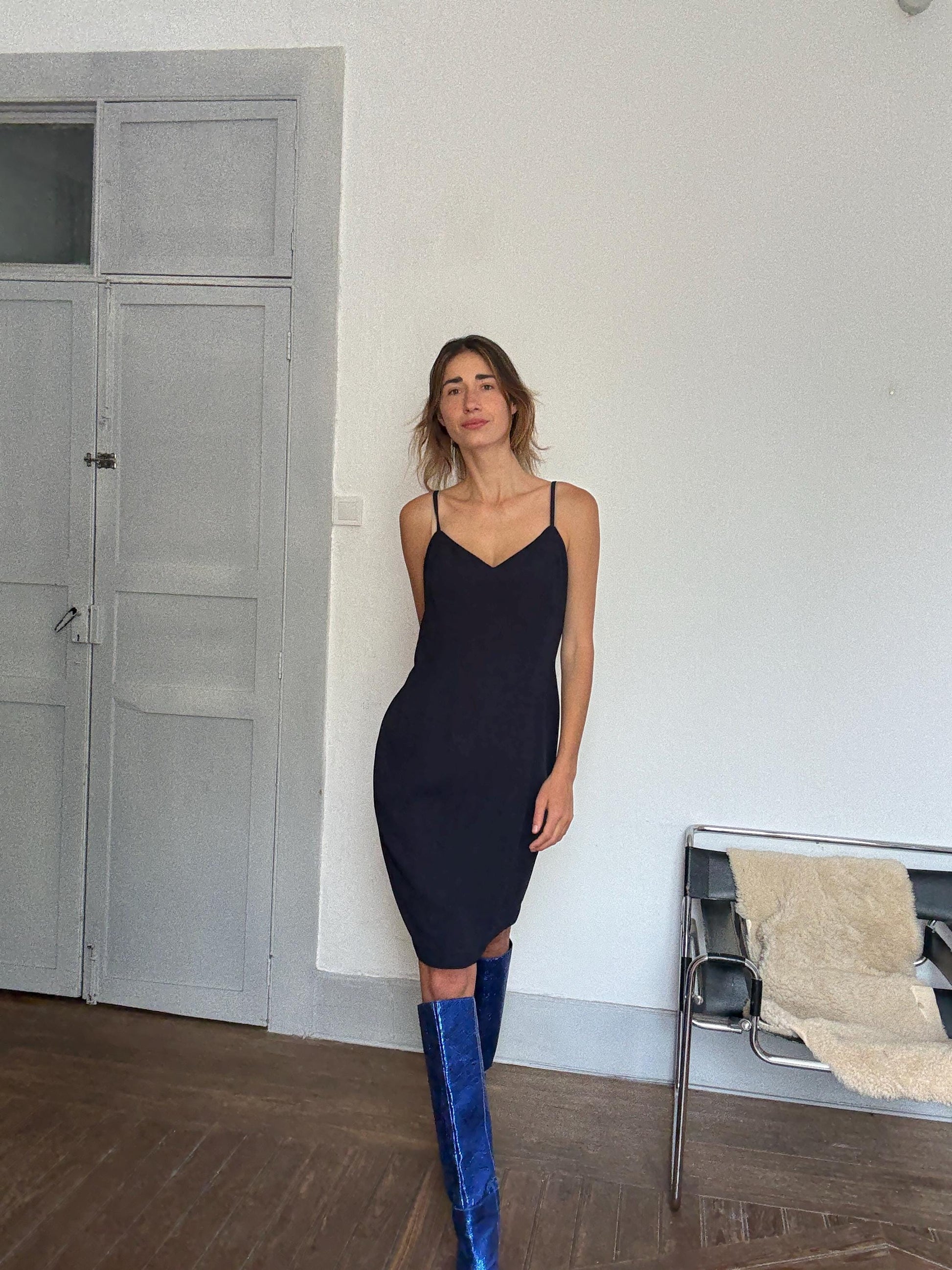 Vintage Navy Blue Slip Dress by Simon Ellis – Elegant Minimalist Occasion Dress, Size L / UK 16 / US 12