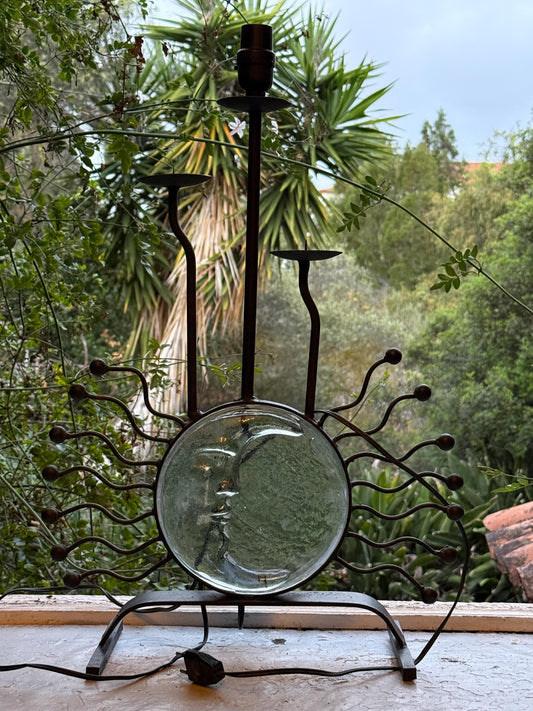 Vintage moon face lamp in iron & glass with candle holders + E27 bulb socket — celestial gothic boho home decor, mystical altar light