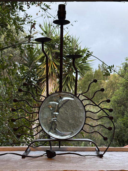 Vintage moon face lamp in iron & glass with candle holders + E27 bulb socket — celestial gothic boho home decor, mystical altar light