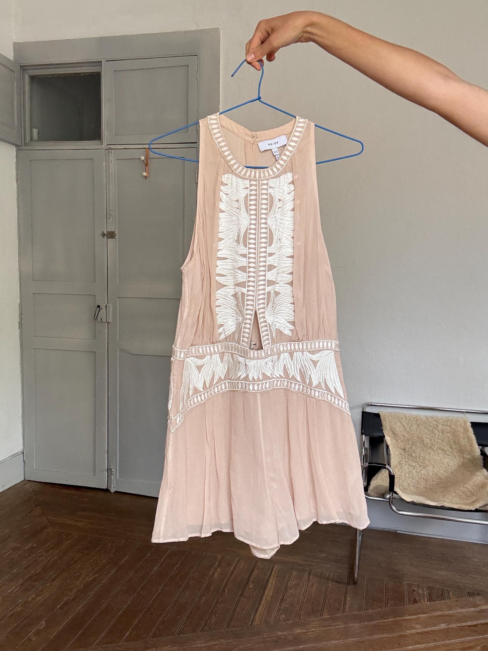 Nude embroidered romper – breezy sleeveless playsuit with open back, size L, floaty & flattering fit, boho summer one-piece