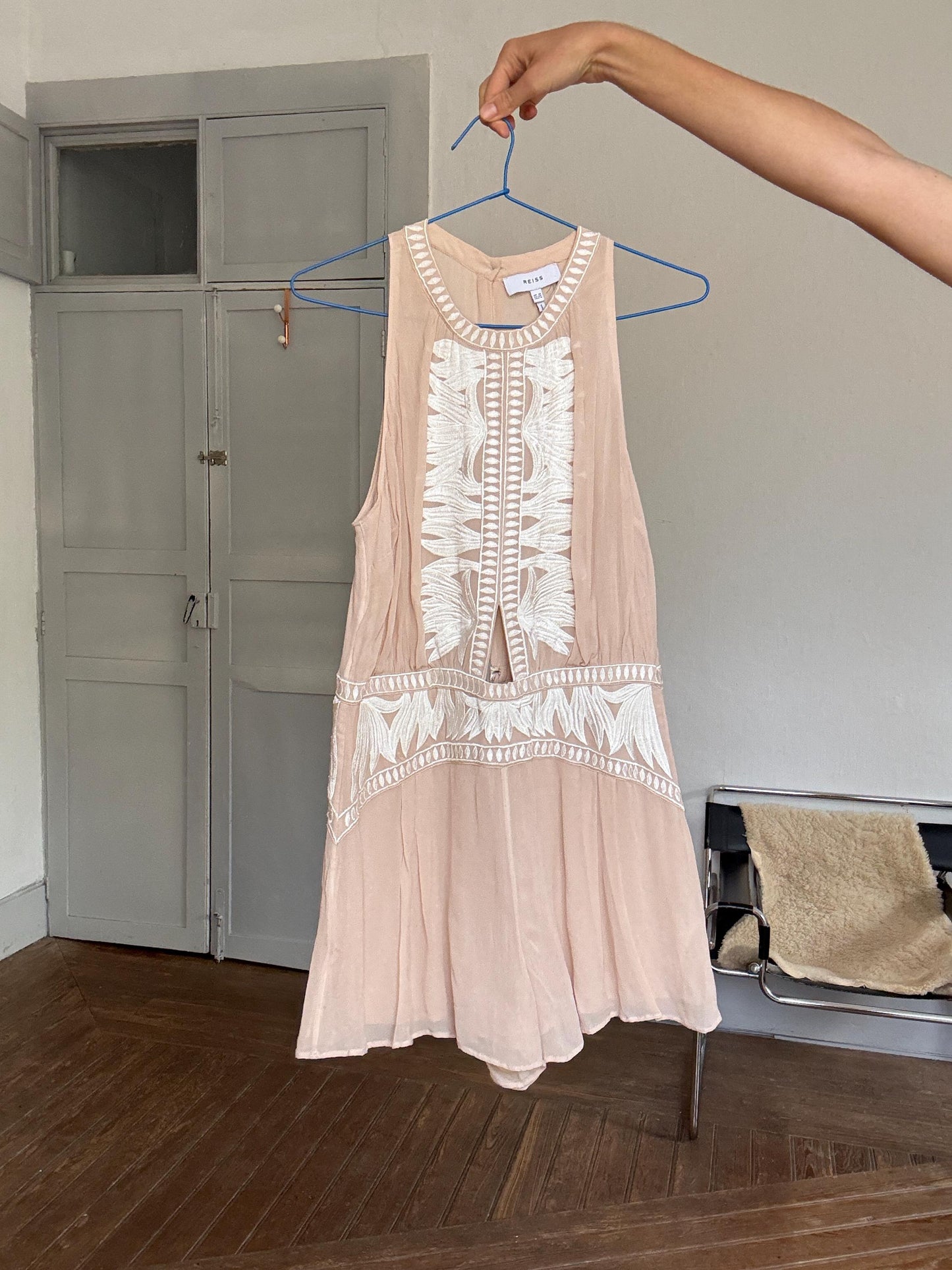 Nude embroidered romper – breezy sleeveless playsuit with open back, size L, floaty & flattering fit, boho summer one-piece