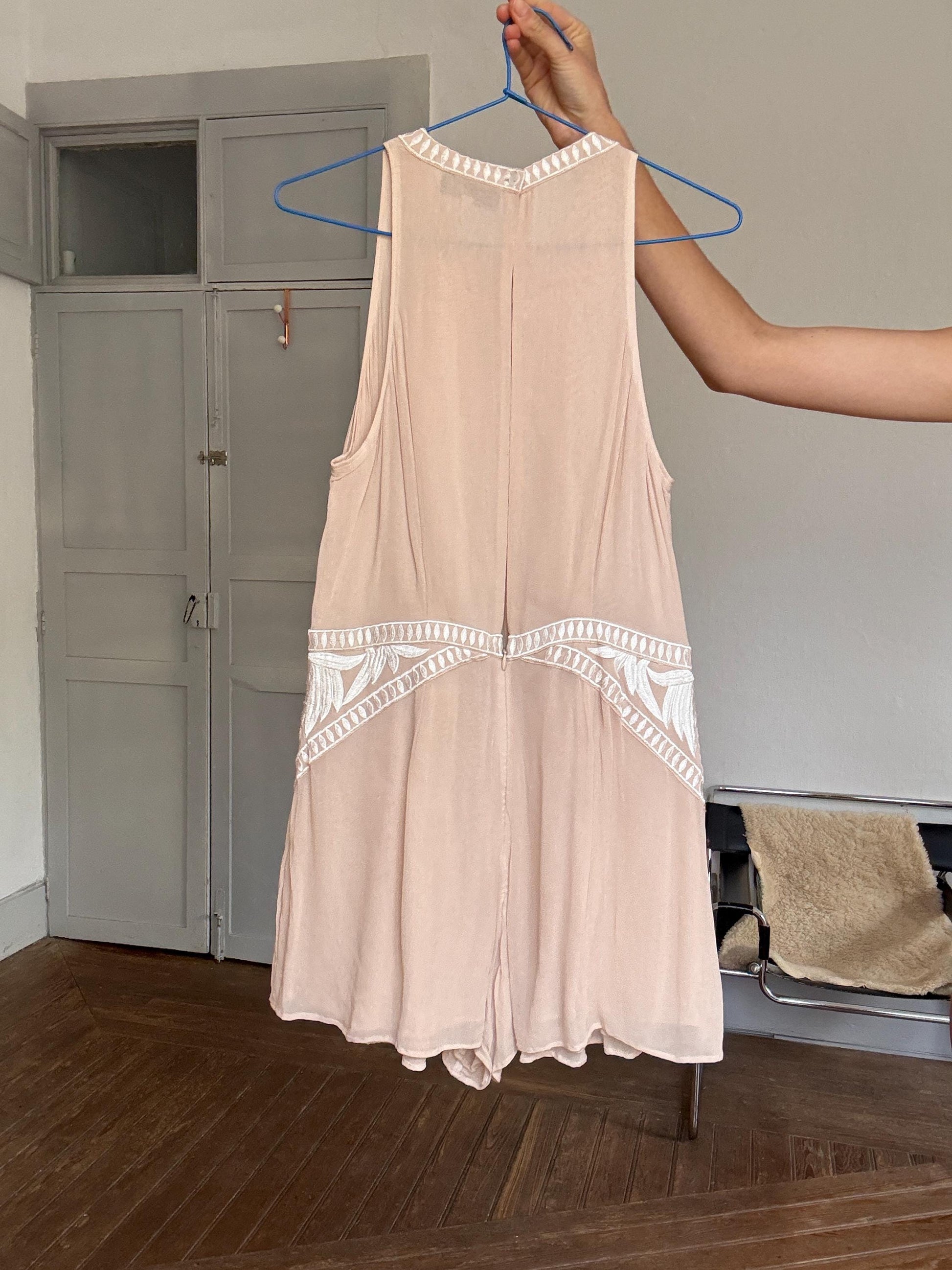 Nude embroidered romper – breezy sleeveless playsuit with open back, size L, floaty & flattering fit, boho summer one-piece