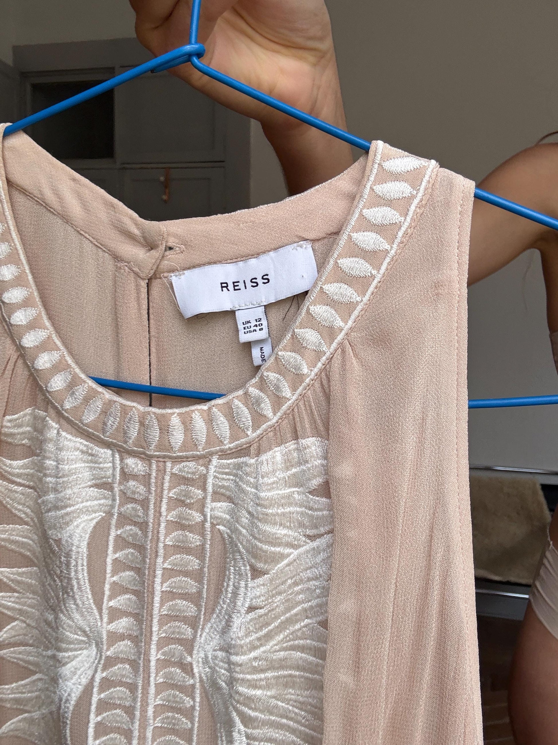 Nude embroidered romper – breezy sleeveless playsuit with open back, size L, floaty & flattering fit, boho summer one-piece