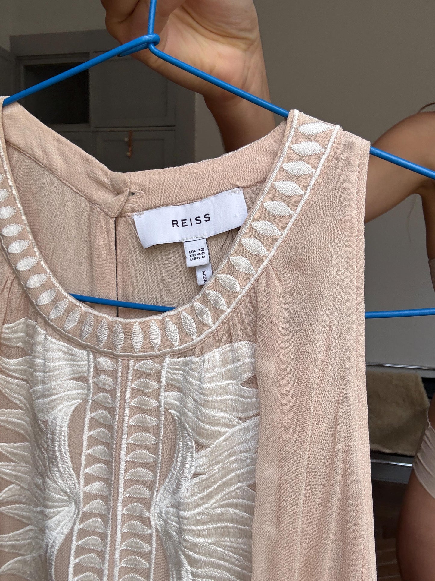 Nude embroidered romper – breezy sleeveless playsuit with open back, size L, floaty & flattering fit, boho summer one-piece