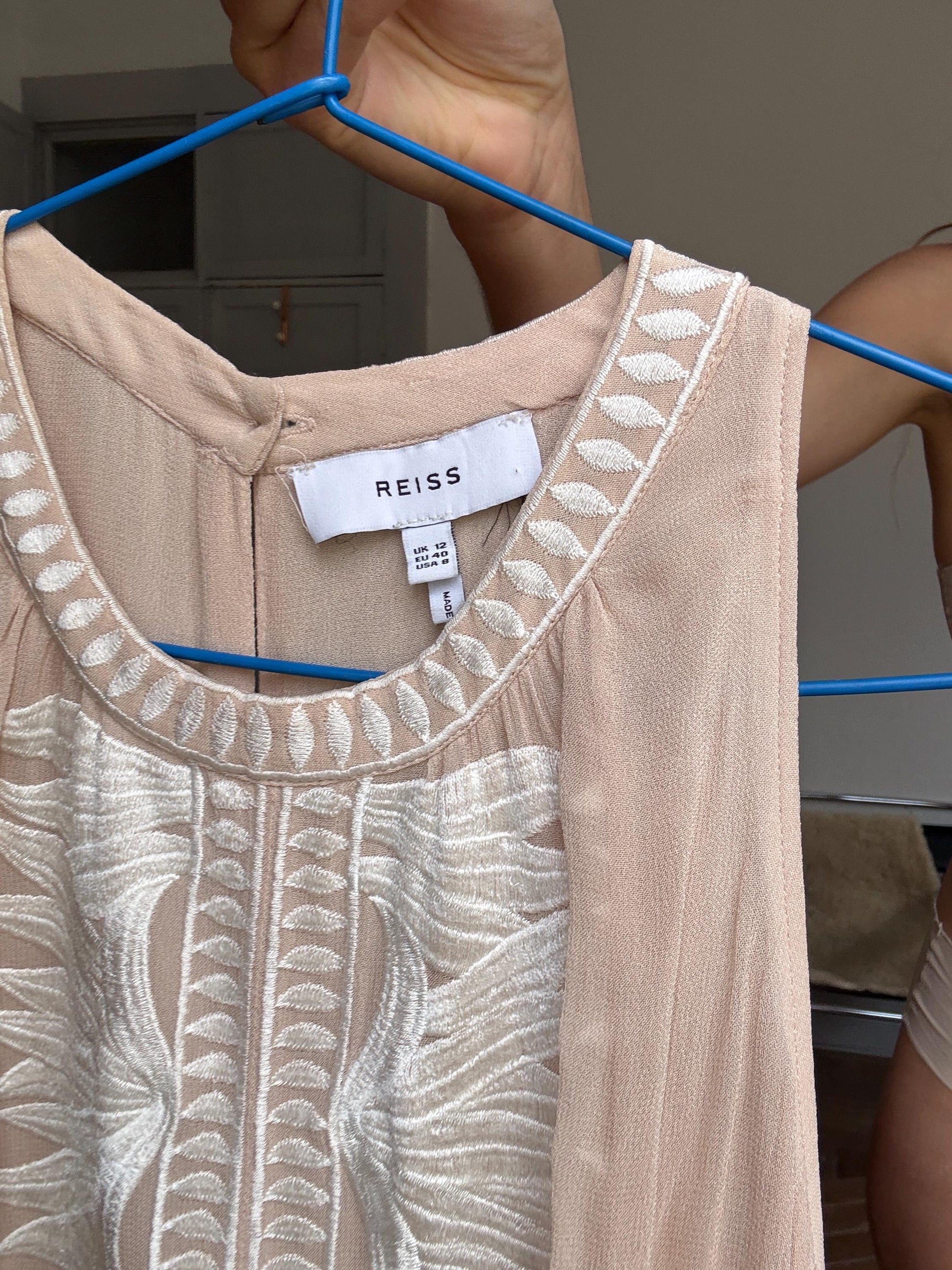 Nude embroidered romper – breezy sleeveless playsuit with open back, size L, floaty & flattering fit, boho summer one-piece