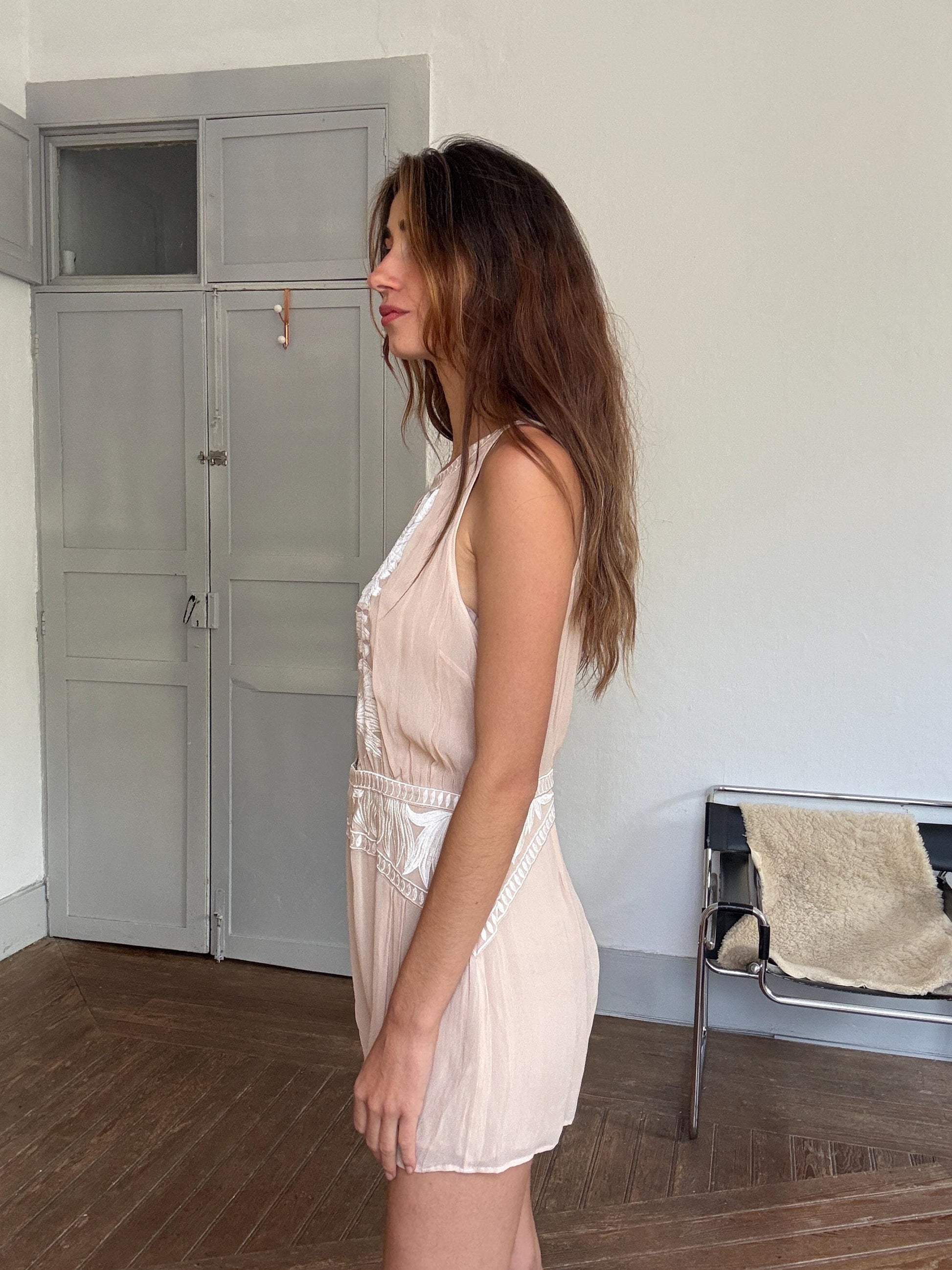 Nude embroidered romper – breezy sleeveless playsuit with open back, size L, floaty & flattering fit, boho summer one-piece