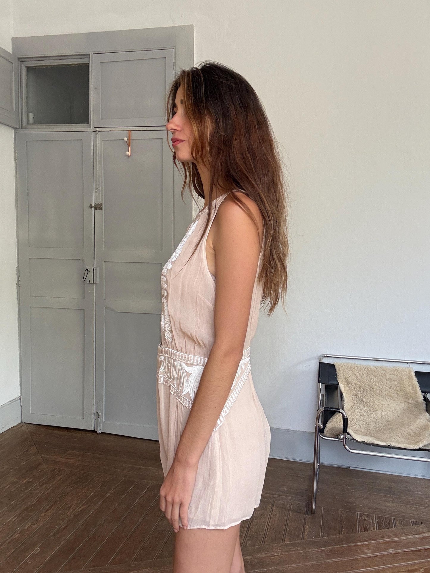 Nude embroidered romper – breezy sleeveless playsuit with open back, size L, floaty & flattering fit, boho summer one-piece