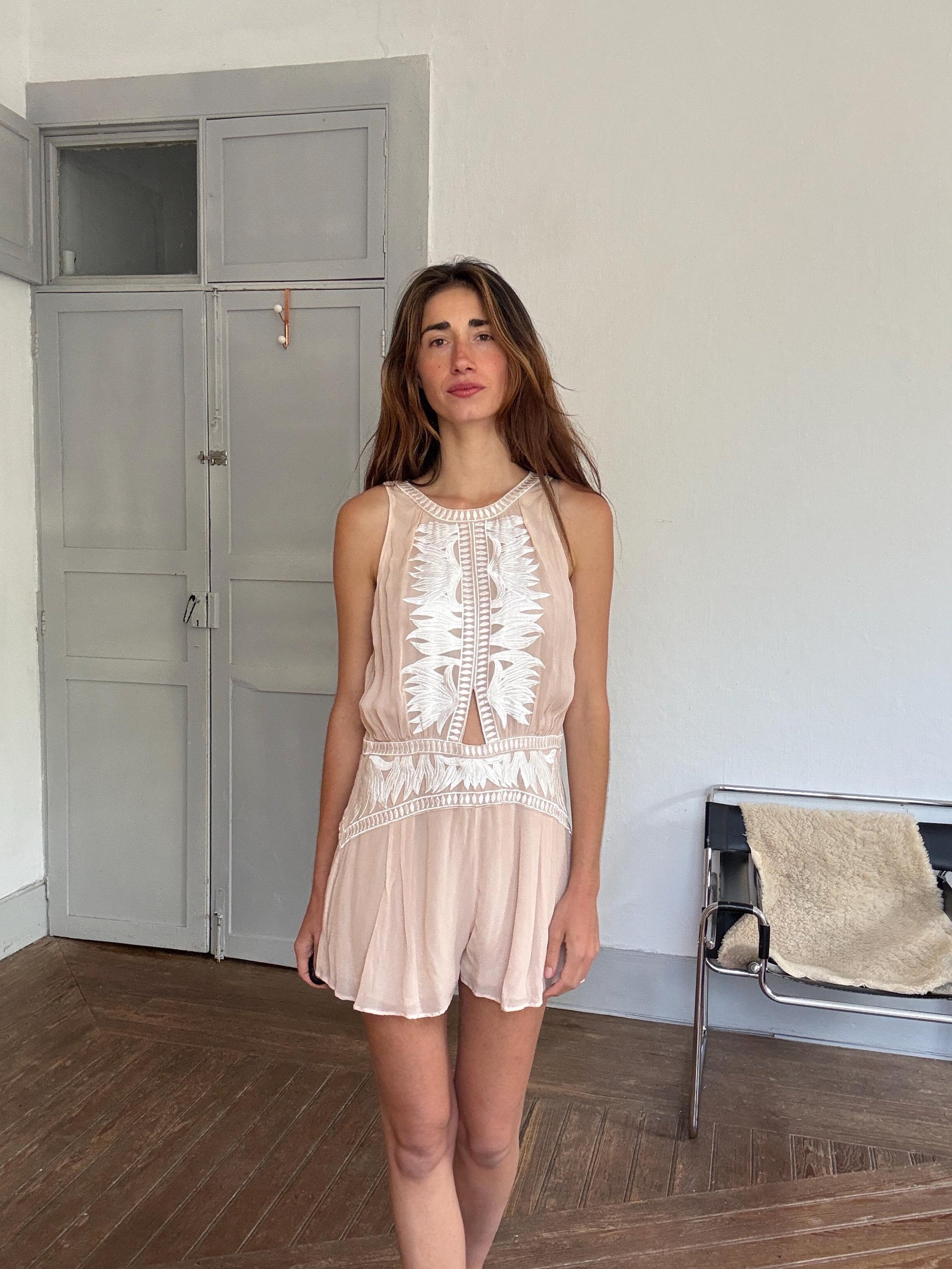 Nude embroidered romper – breezy sleeveless playsuit with open back, size L, floaty & flattering fit, boho summer one-piece