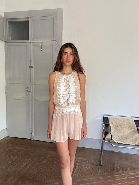 Nude embroidered romper – breezy sleeveless playsuit with open back, size L, floaty & flattering fit, boho summer one-piece