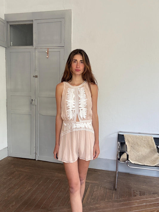 Nude embroidered romper – breezy sleeveless playsuit with open back, size L, floaty & flattering fit, boho summer one-piece