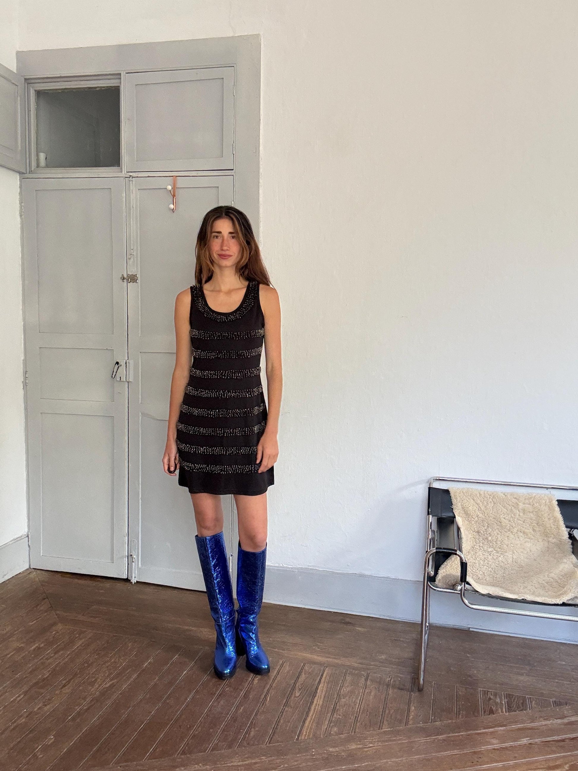 AVintage black beaded mini dress – sleeveless sparkle party dress, stretchy & comfy, size L, 90s Y2K glam cocktail look