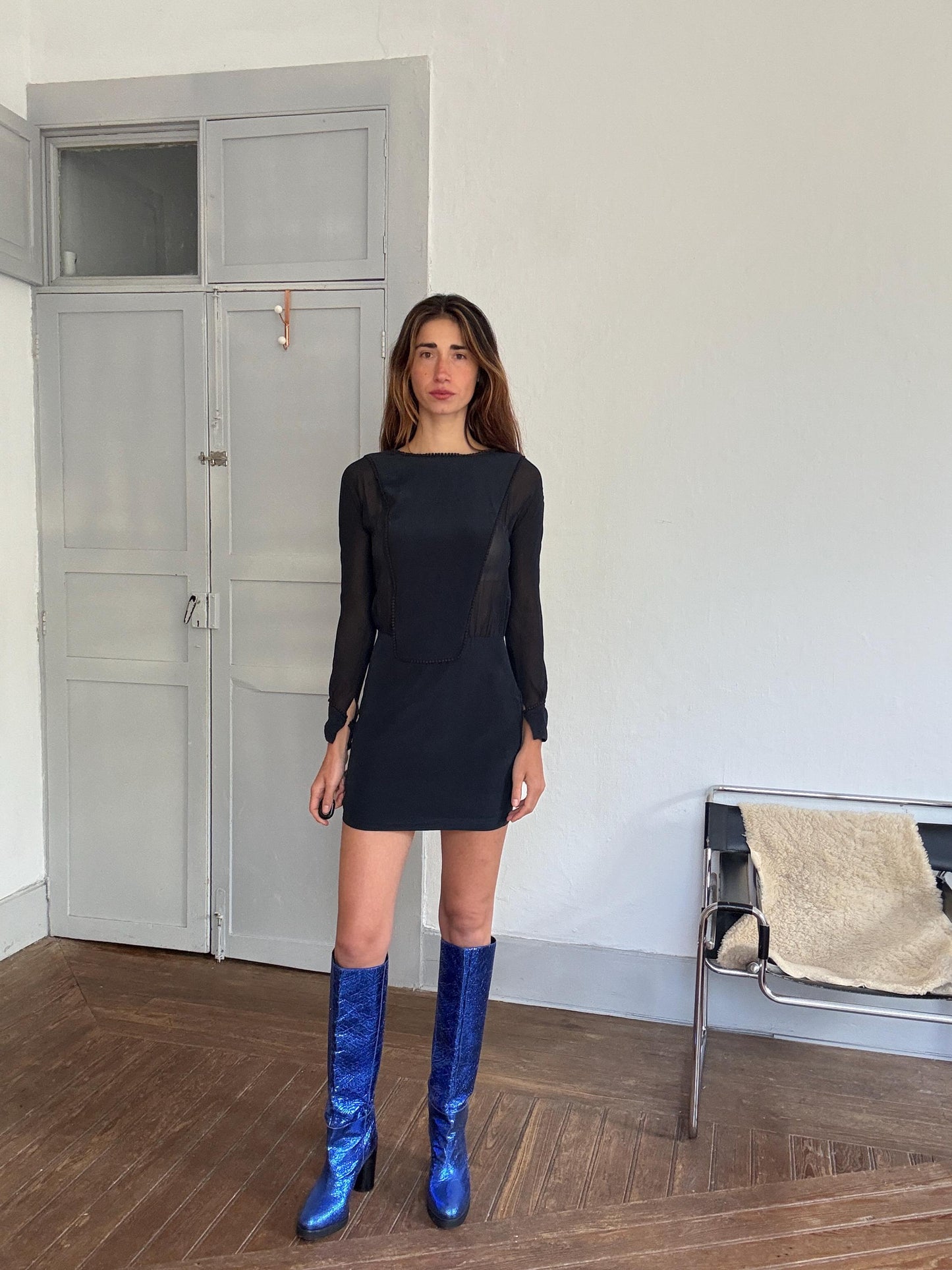 Vintage Hoss Intropia navy silk mini dress – sheer sleeve open back cocktail dress, pure silk, short elegant fit, size 38,