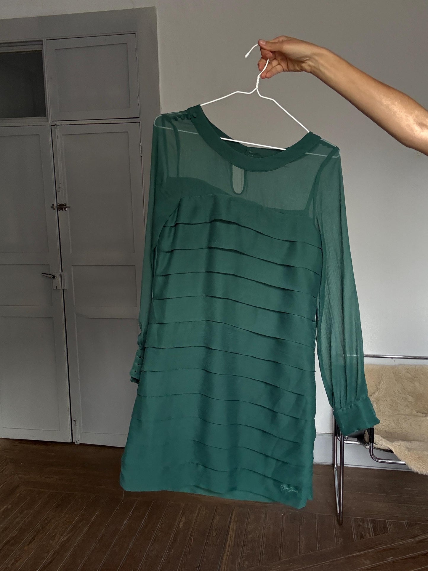 Pepe Jeans Sheer Green Mini Dress – Sustainable recycled Secondhand Party Dress, Silk-Feel, Vintage Y2K Energy, Size M