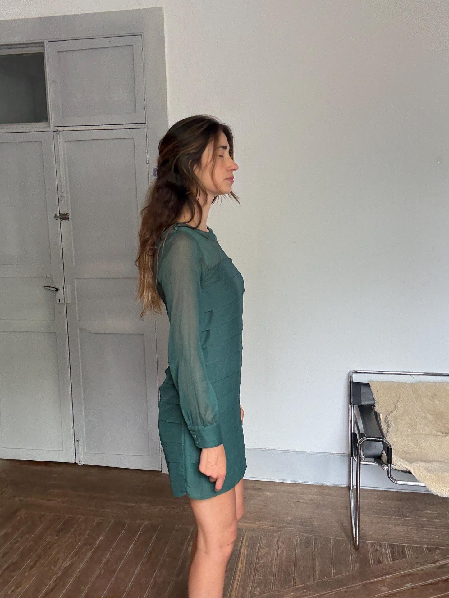 Pepe Jeans Sheer Green Mini Dress – Sustainable recycled Secondhand Party Dress, Silk-Feel, Vintage Y2K Energy, Size M