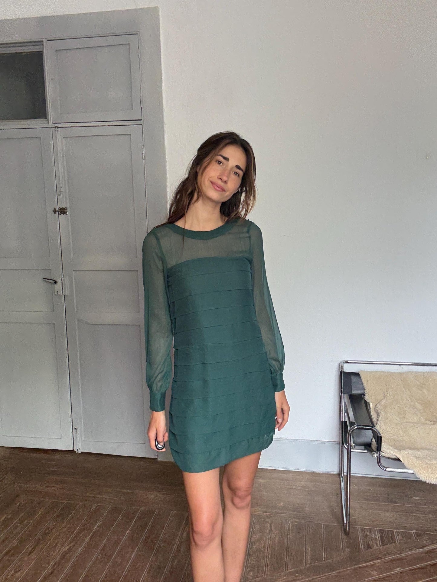 Pepe Jeans Sheer Green Mini Dress – Sustainable recycled Secondhand Party Dress, Silk-Feel, Vintage Y2K Energy, Size M