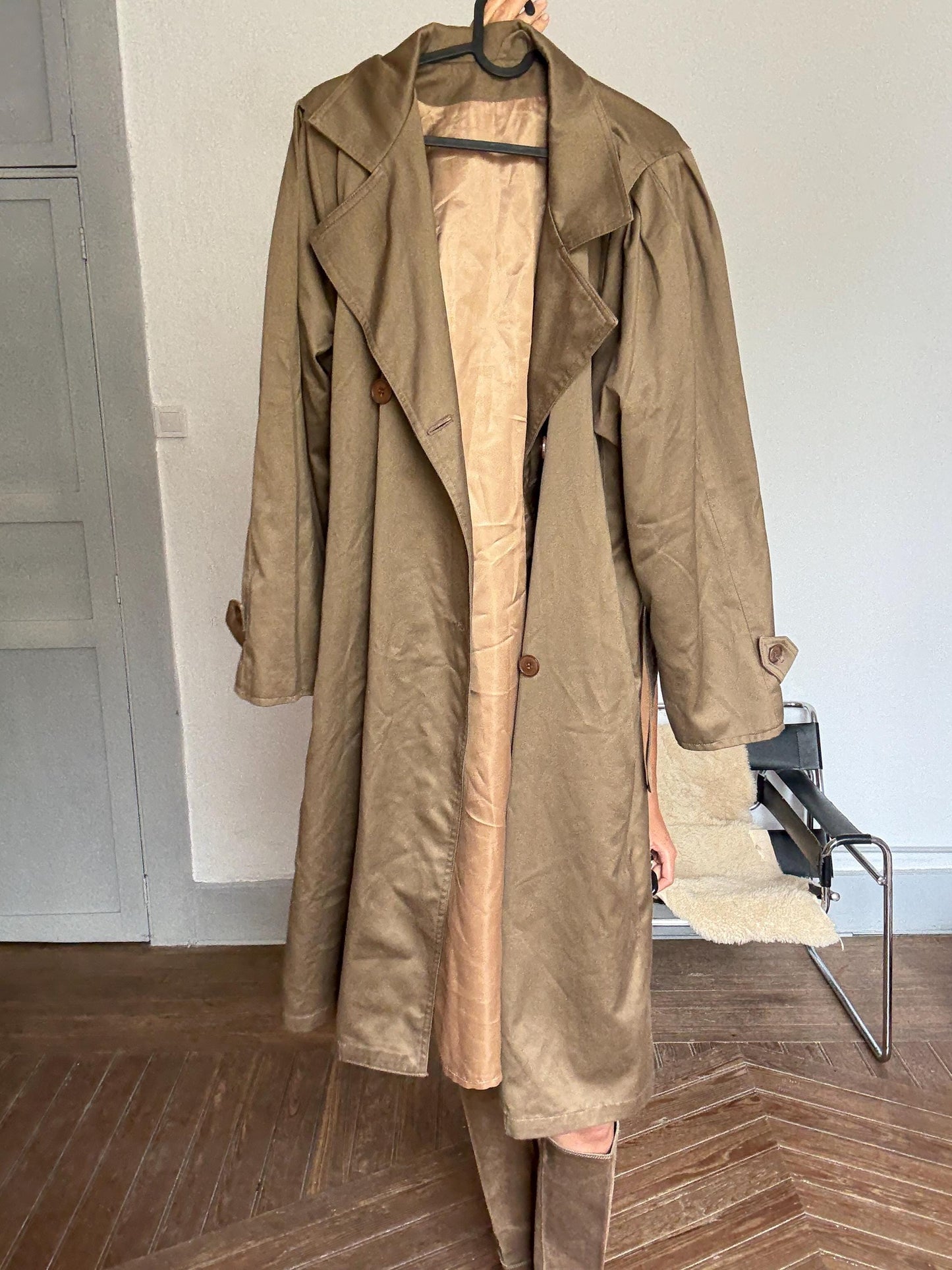 UNISEX Vintage Oversized Trench Coat – Long Brown Classic – Minimalist Fall Layer – Size M/L