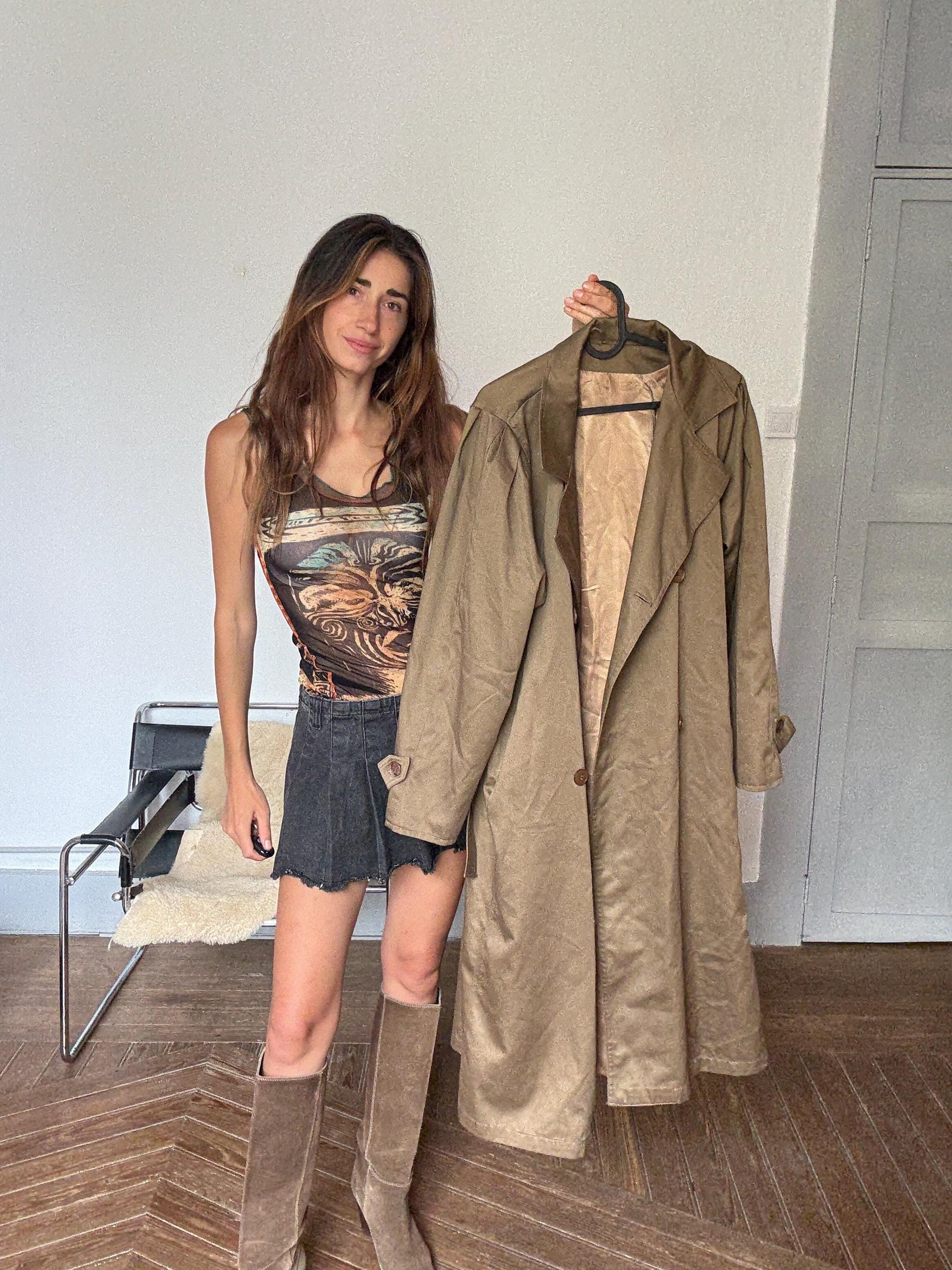 UNISEX Vintage Oversized Trench Coat – Long Brown Classic – Minimalist Fall Layer – Size M/L