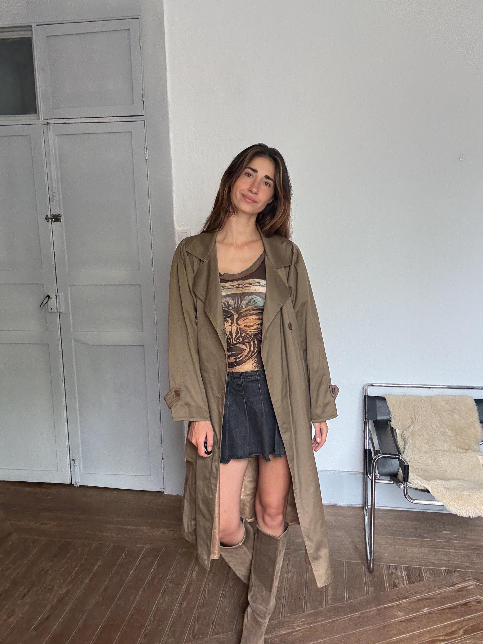 UNISEX Vintage Oversized Trench Coat – Long Brown Classic – Minimalist Fall Layer – Size M/L