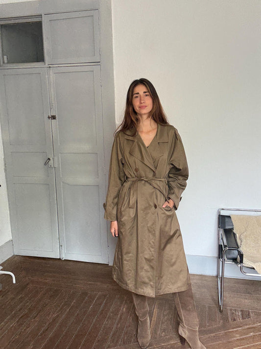 UNISEX Vintage Oversized Trench Coat – Long Brown Classic – Minimalist Fall Layer – Size M/L