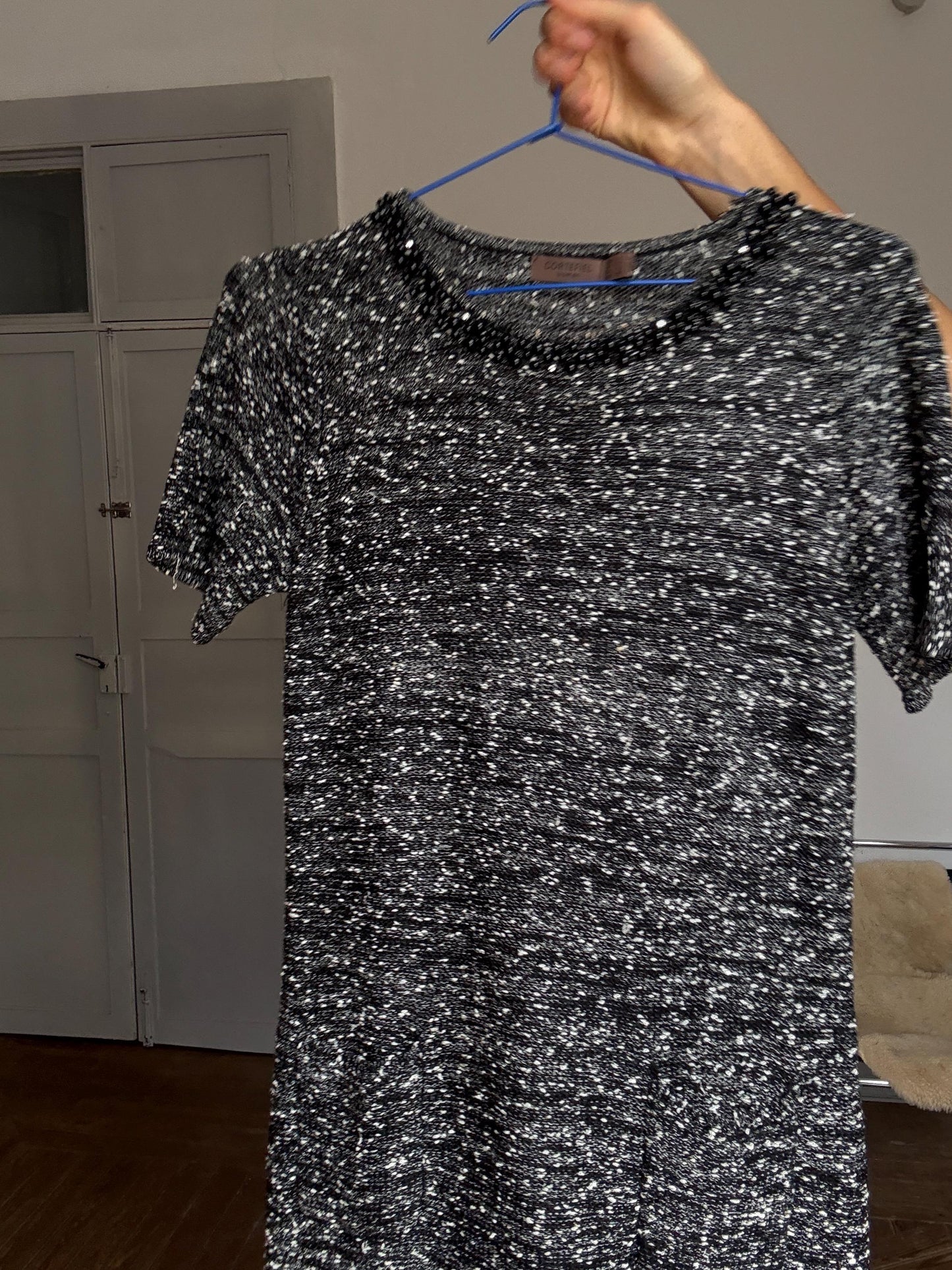 Luxe Beaded Tweed Mini Dress, Spanish designer Luxury, Simple modern a lini short woman dress, Size M (UK 10 / US 6)