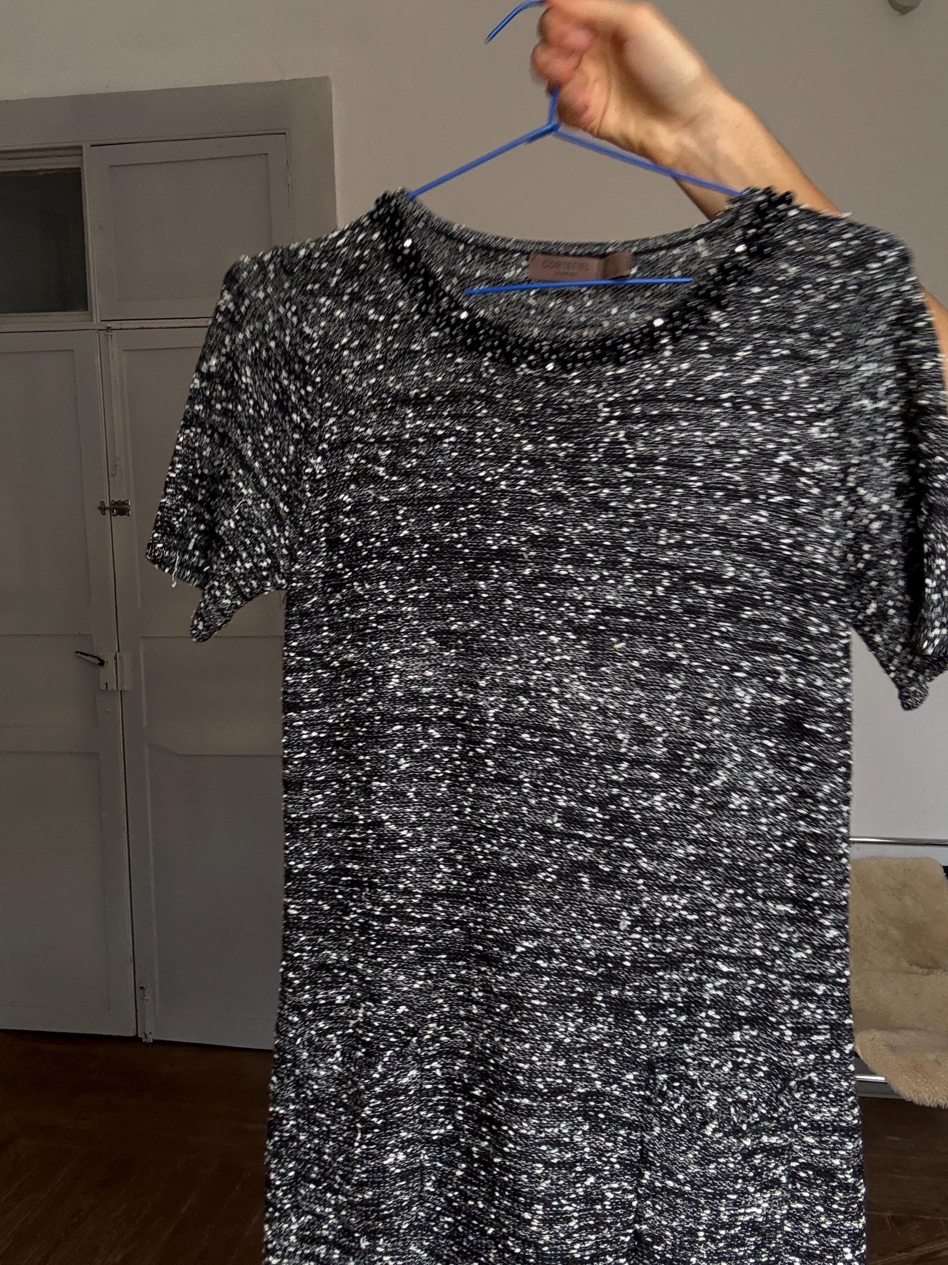 Luxe Beaded Tweed Mini Dress, Spanish designer Luxury, Simple modern a lini short woman dress, Size M (UK 10 / US 6)