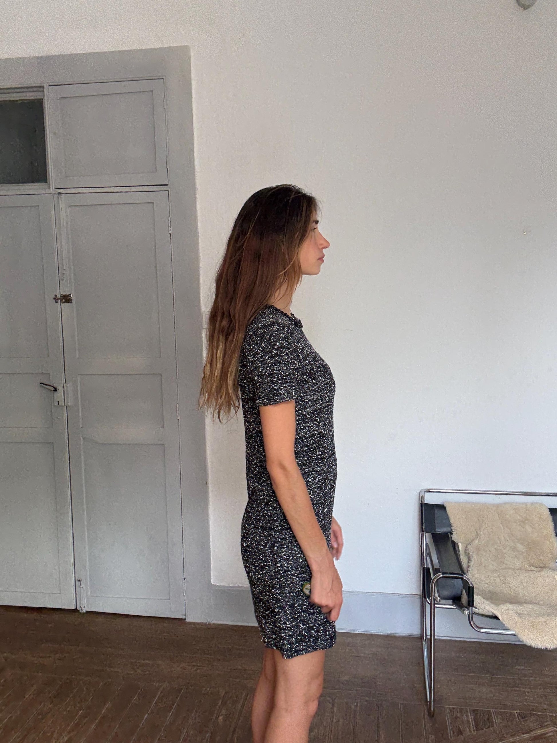 Luxe Beaded Tweed Mini Dress, Spanish designer Luxury, Simple modern a lini short woman dress, Size M (UK 10 / US 6)