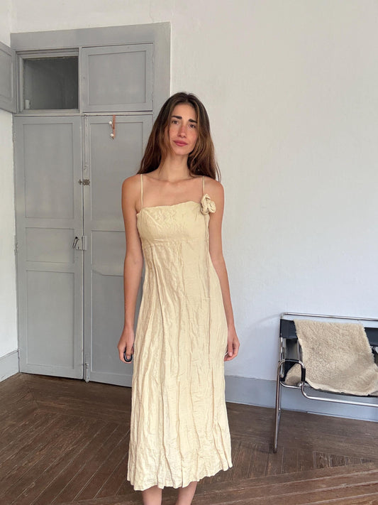 Vintage Spanish designer seamstress dress, Maria Jose Navarro long formal evening dress – ivory slip gown with rosette detail, EU 36/38 fit