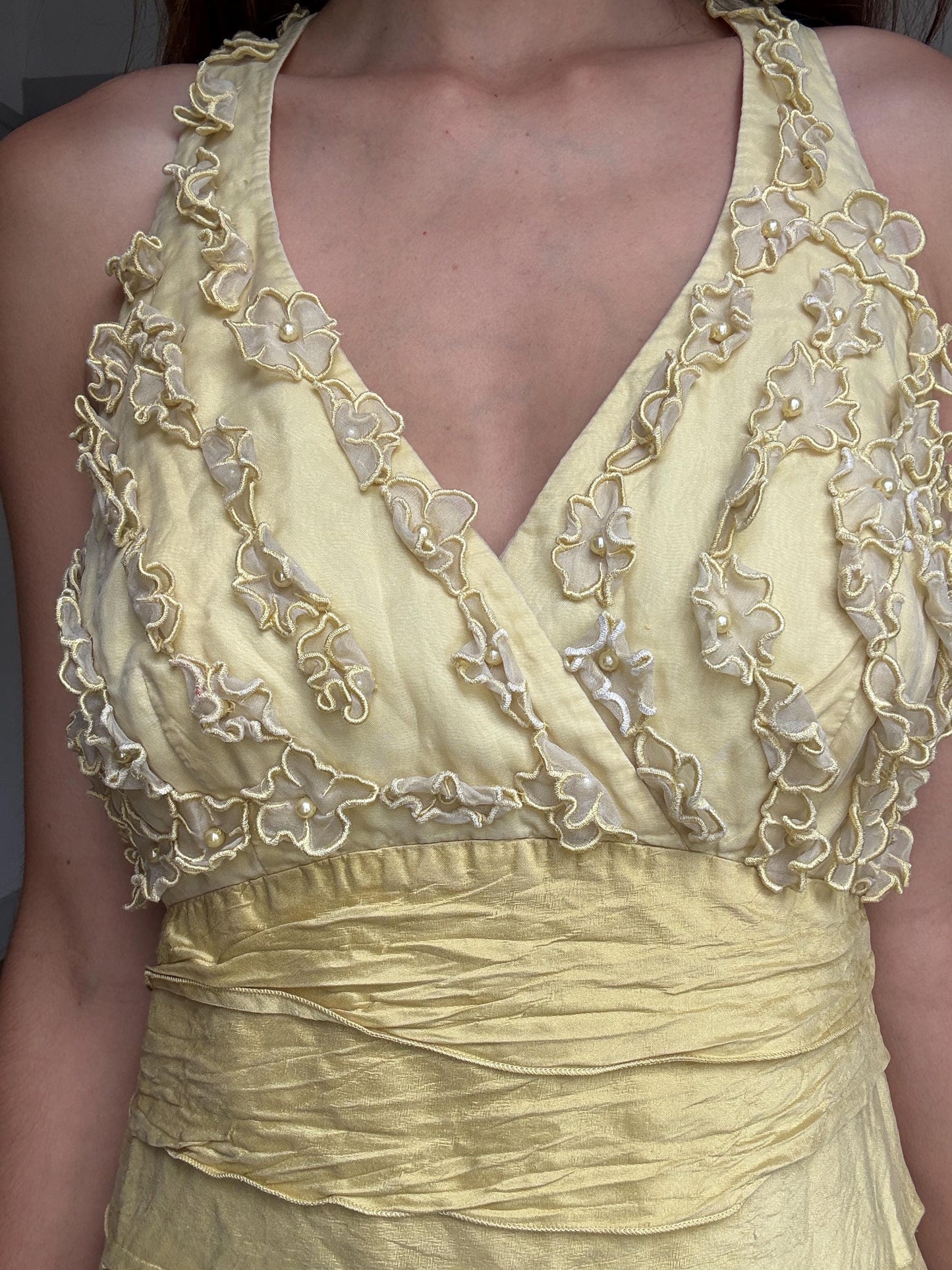 Vintage Luisa Spagnoli silk cocktail dress – lemon yellow embroidered floral bodice, EU 44, elegant party dress, Italian designer