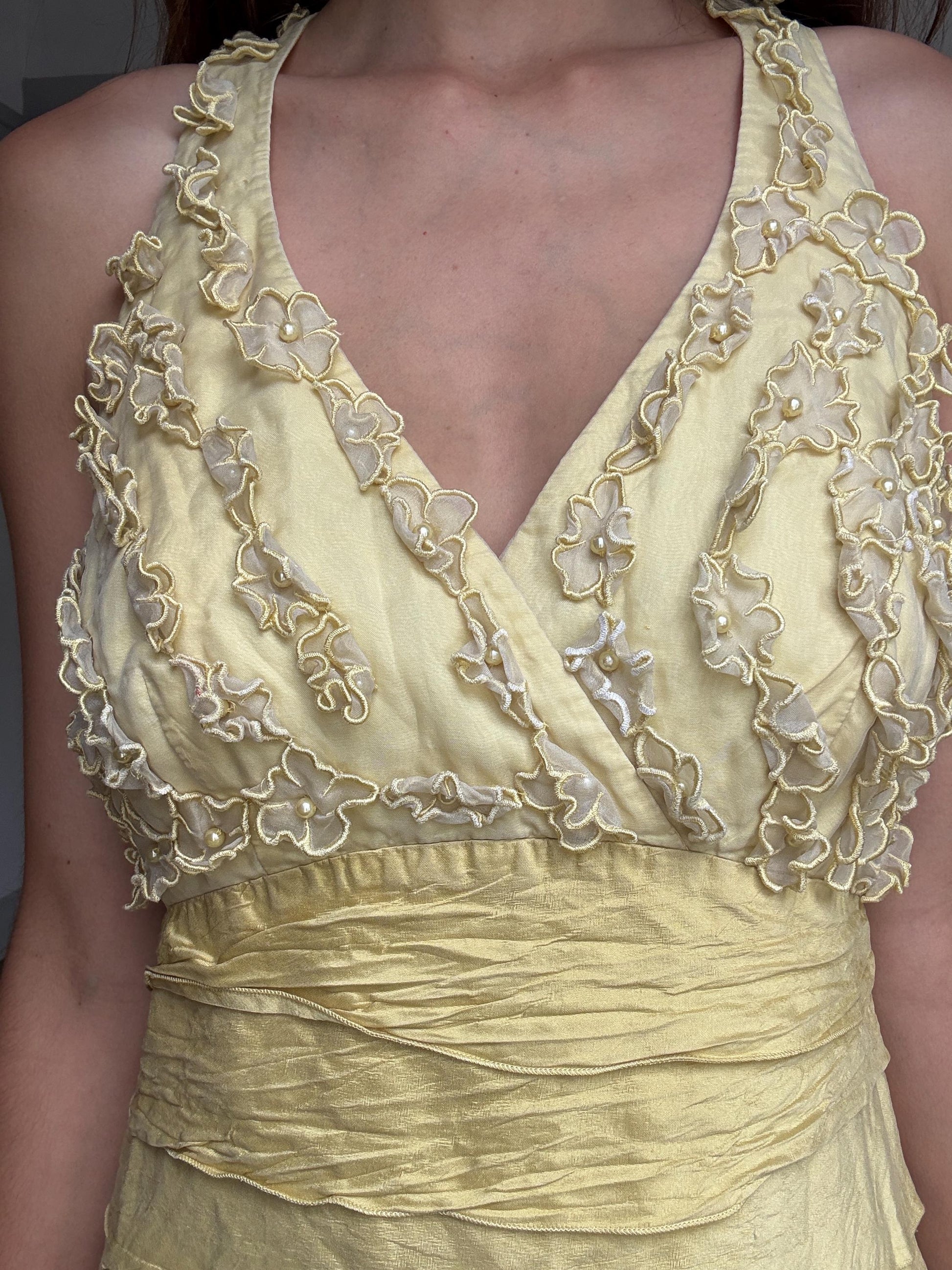 Vintage Luisa Spagnoli silk cocktail dress – lemon yellow embroidered floral bodice, EU 44, elegant party dress, Italian designer