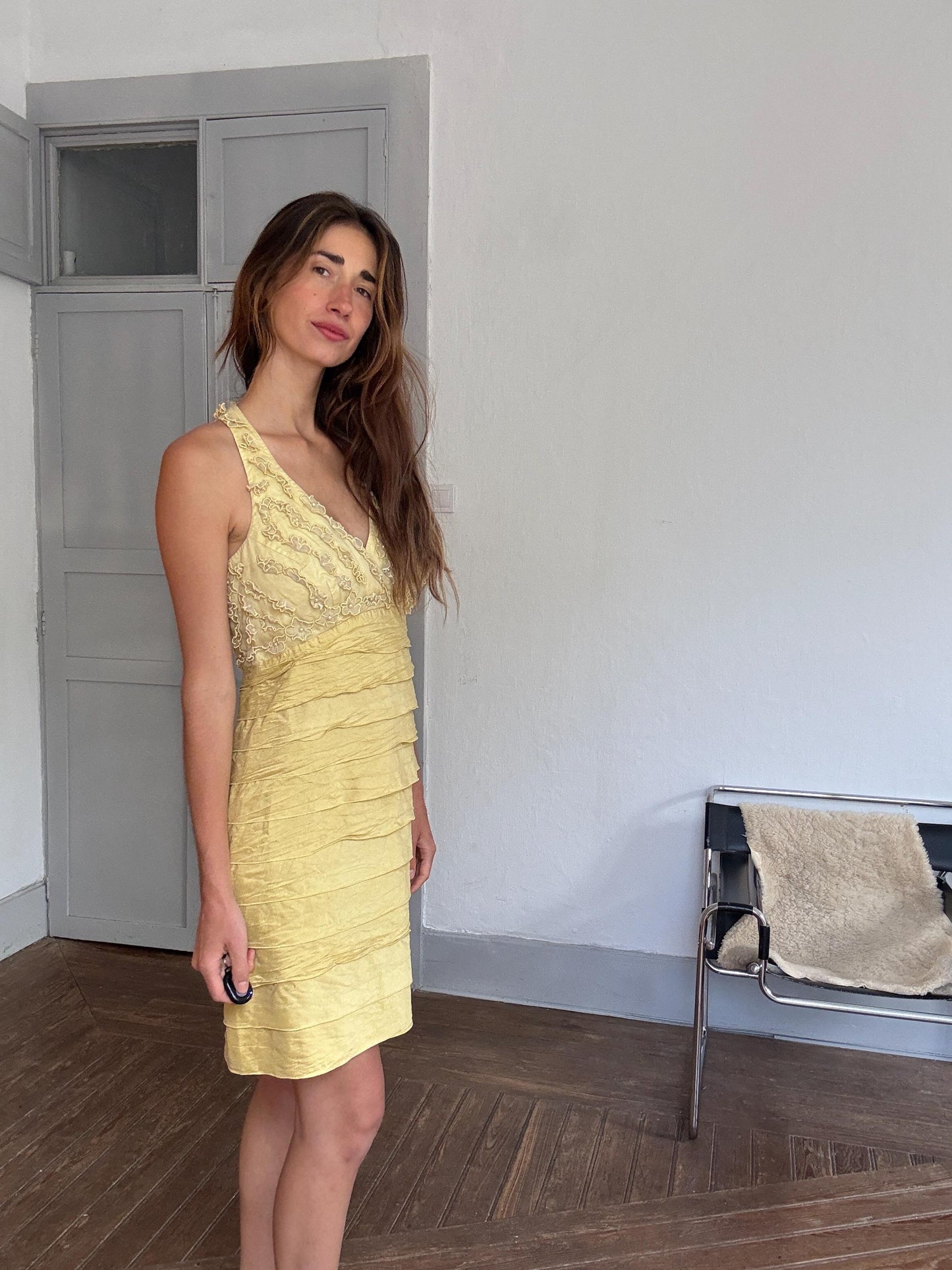 Vintage Luisa Spagnoli silk cocktail dress – lemon yellow embroidered floral bodice, EU 44, elegant party dress, Italian designer