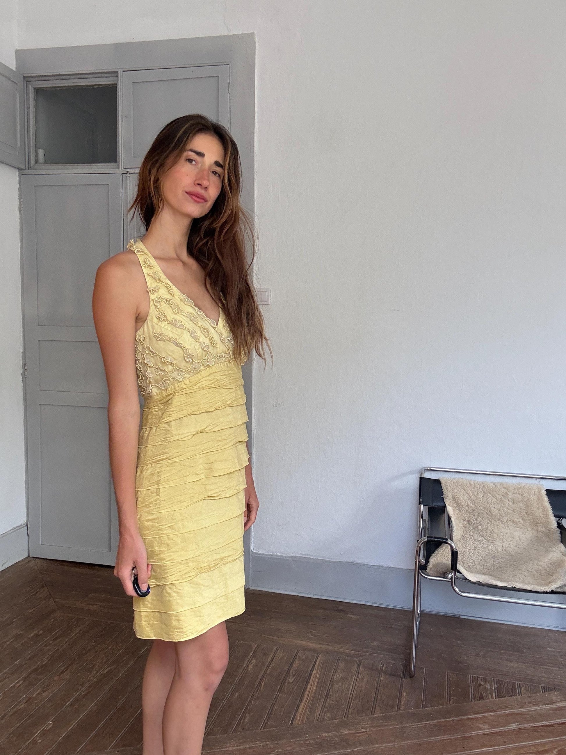Vintage Luisa Spagnoli silk cocktail dress – lemon yellow embroidered floral bodice, EU 44
