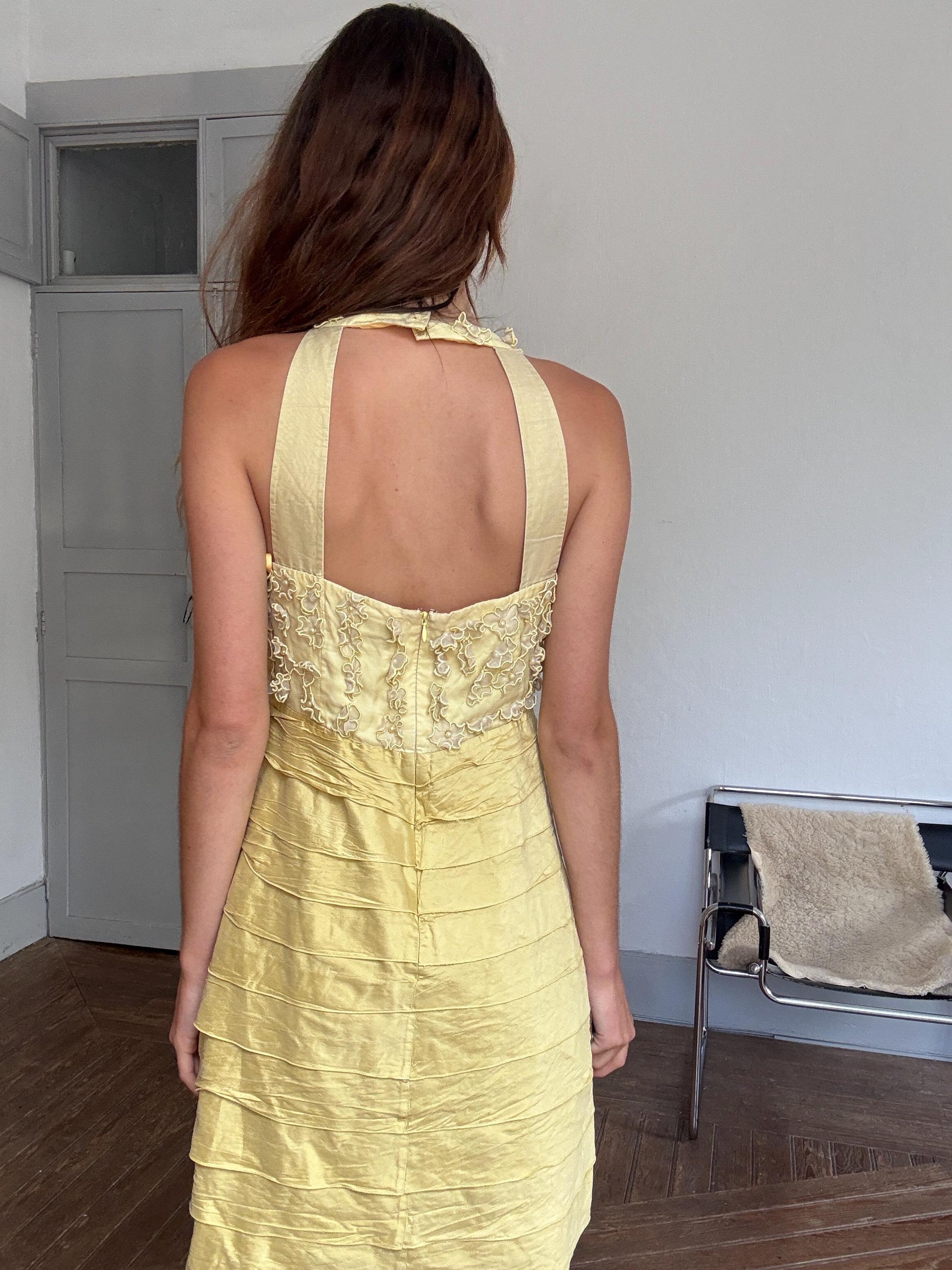 Vintage Luisa Spagnoli silk cocktail dress – lemon yellow embroidered floral bodice, EU 44, elegant party dress, Italian designer