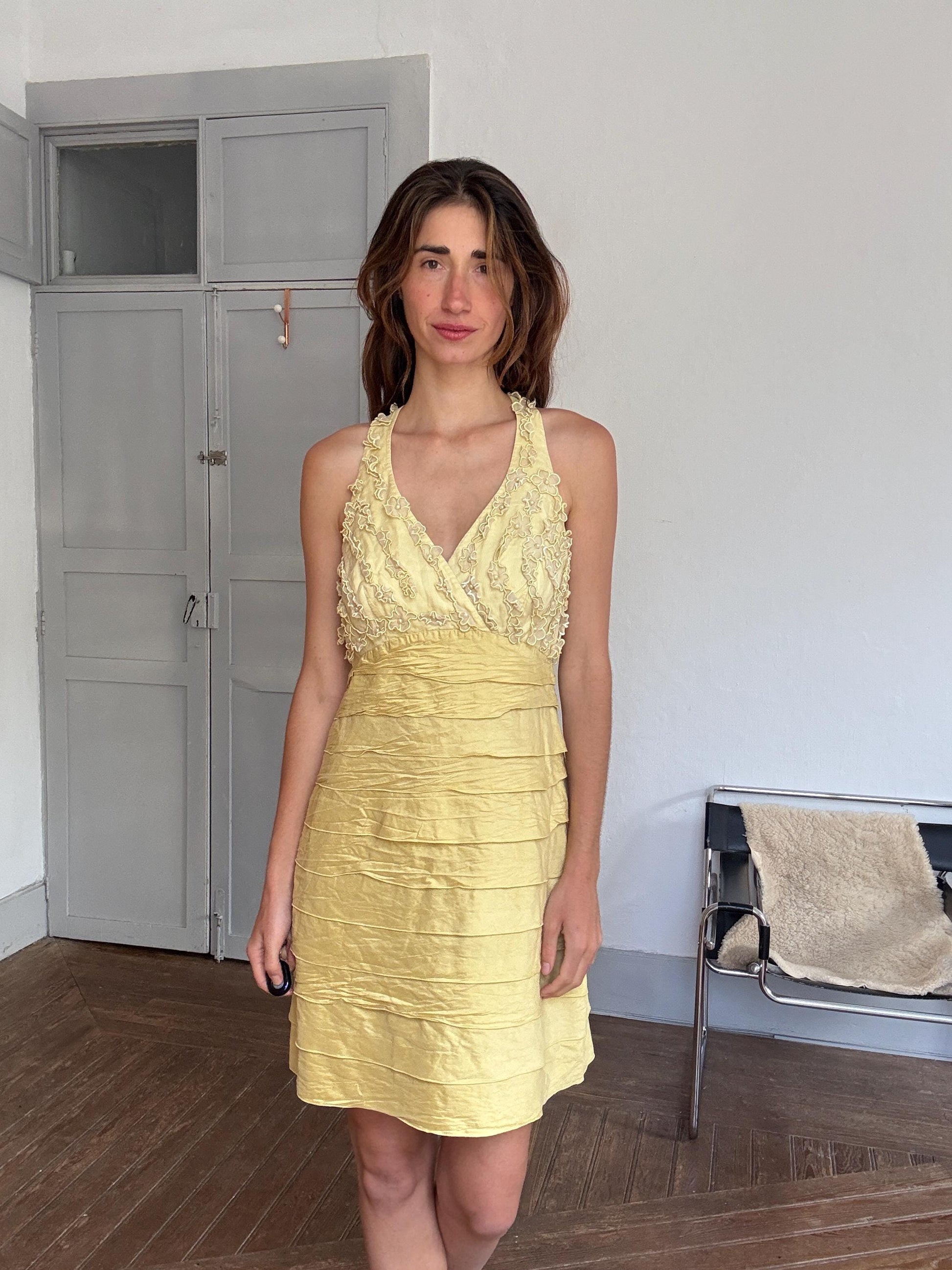 Vintage Luisa Spagnoli silk cocktail dress – lemon yellow embroidered floral bodice, EU 44, elegant party dress, Italian designer