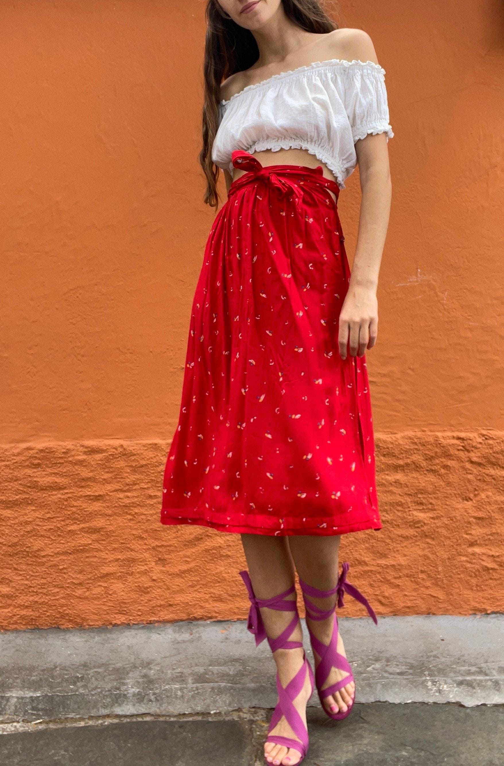 Vintage red lightweight summer skirt, farm core midi skirt, high waist cottage core spring skirt, cute unique retro feminine clothing