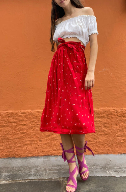 Vintage Red Cottagecore Spring Skirt — fabric close-up