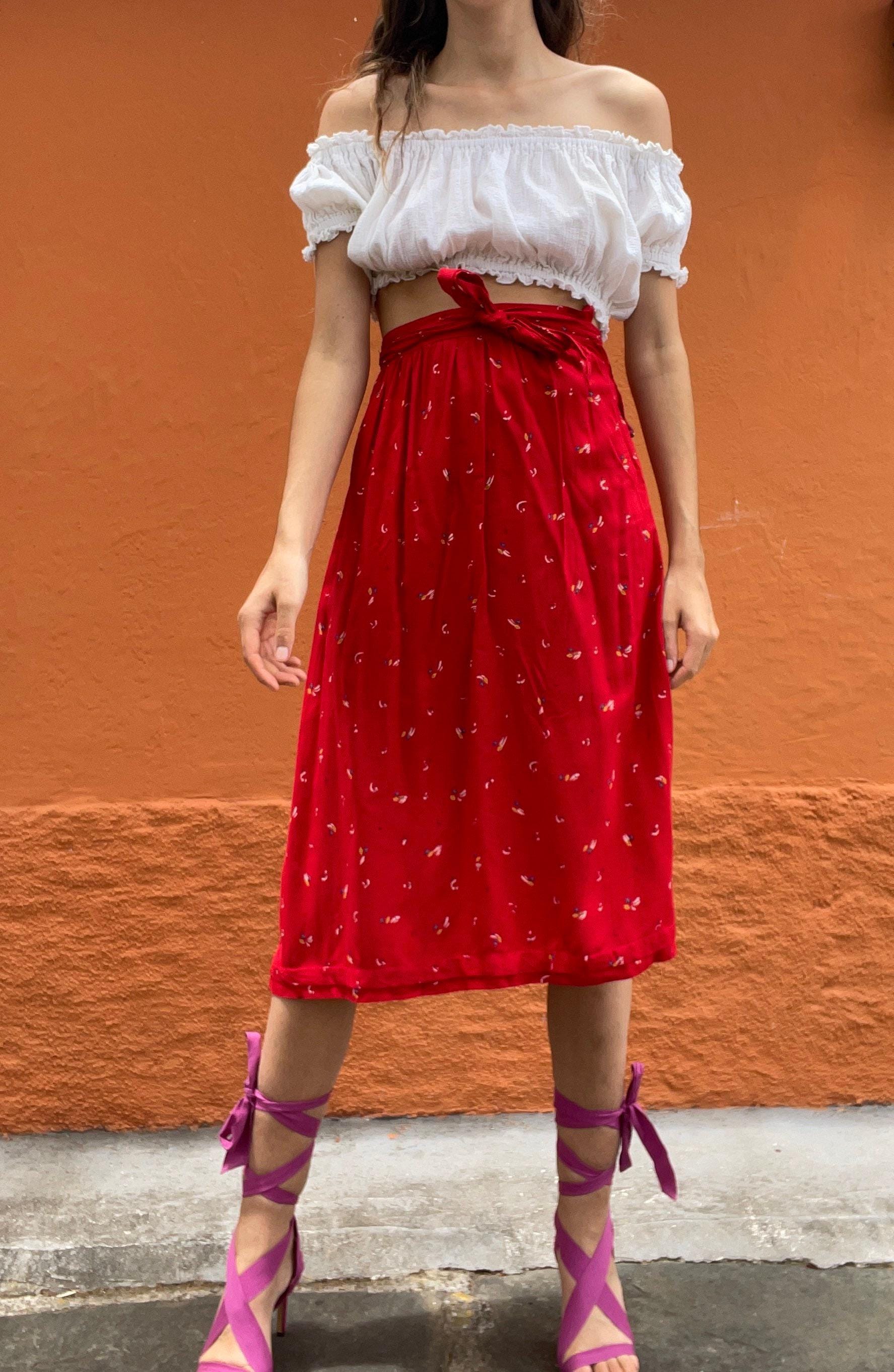 Vintage red lightweight summer skirt, farm core midi skirt, high waist cottage core spring skirt, cute unique retro feminine clothing
