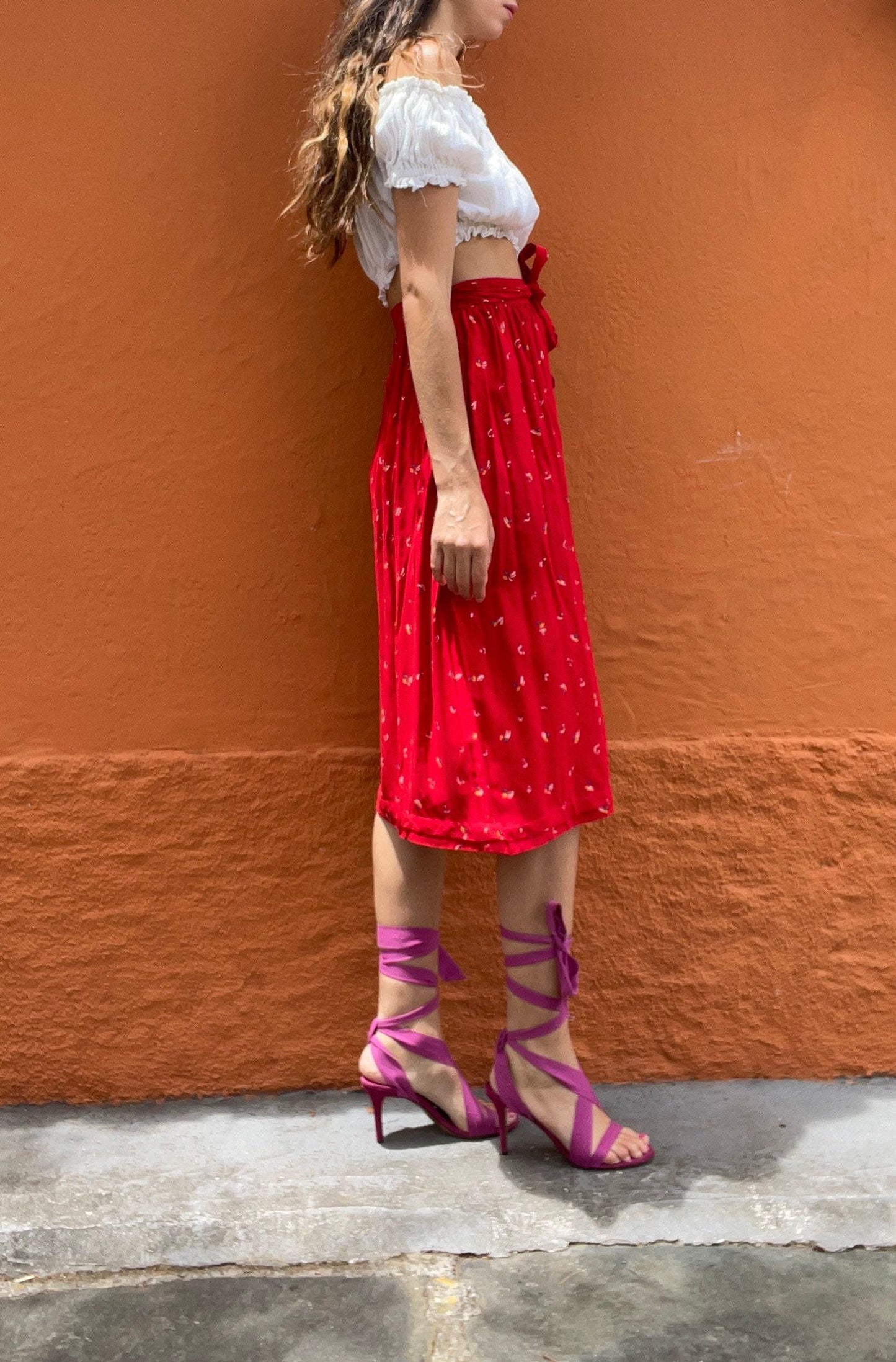 Vintage red lightweight summer skirt, farm core midi skirt, high waist cottage core spring skirt, cute unique retro feminine clothing