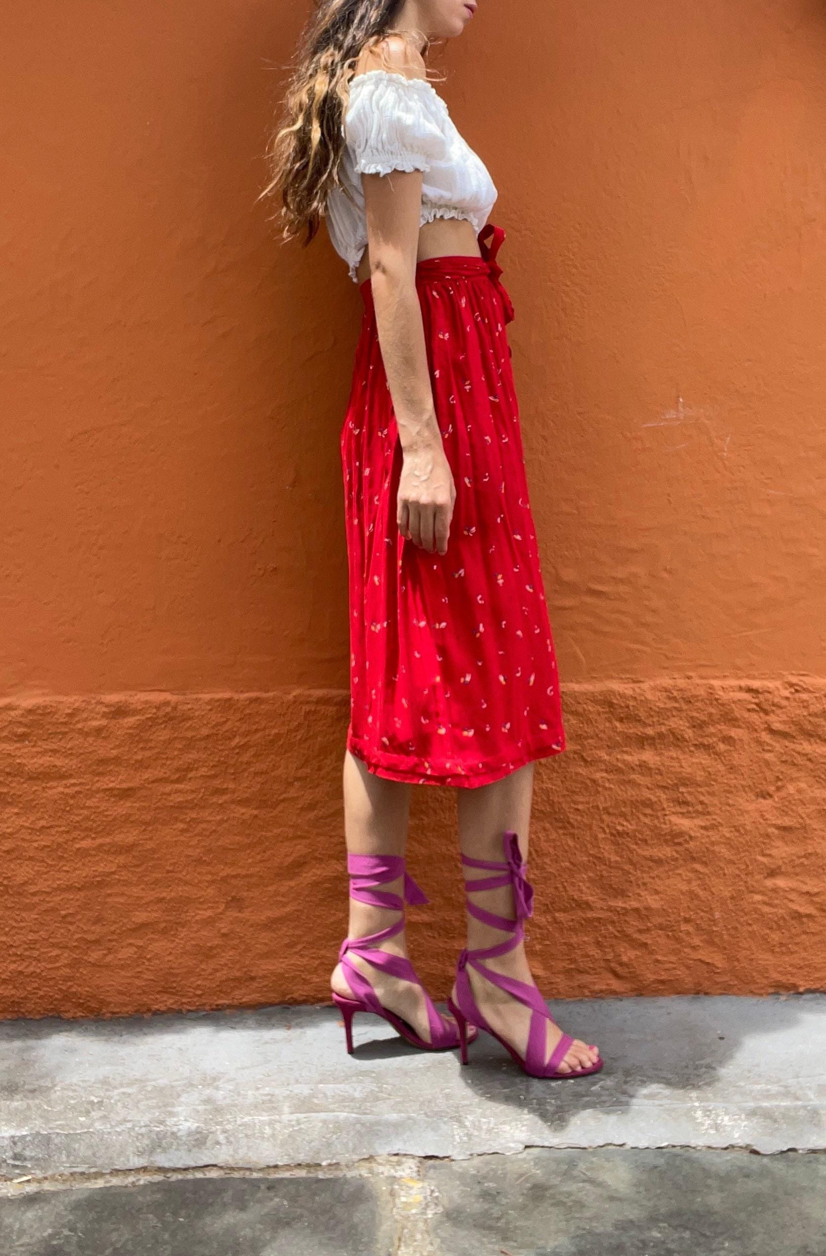 Vintage red lightweight summer skirt, farm core midi skirt, high waist cottage core spring skirt, cute unique retro feminine clothing