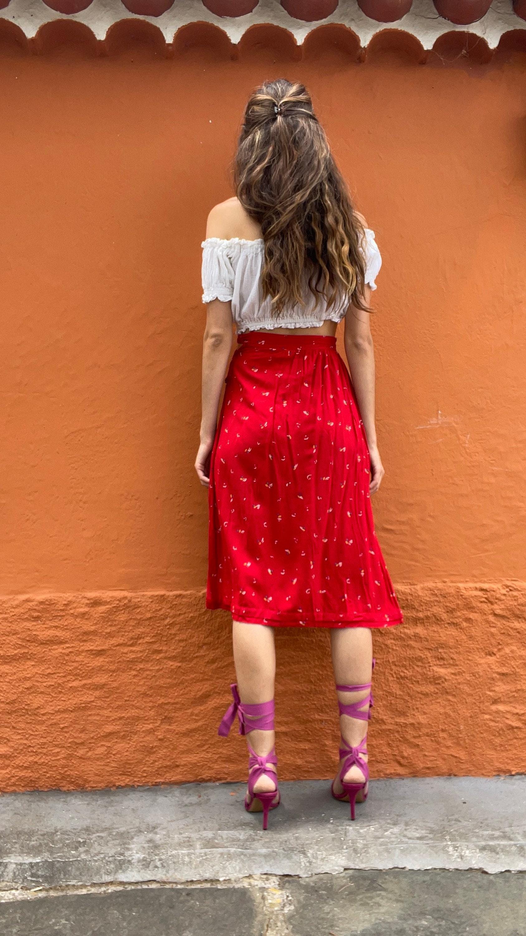 Vintage red lightweight summer skirt, farm core midi skirt, high waist cottage core spring skirt, cute unique retro feminine clothing