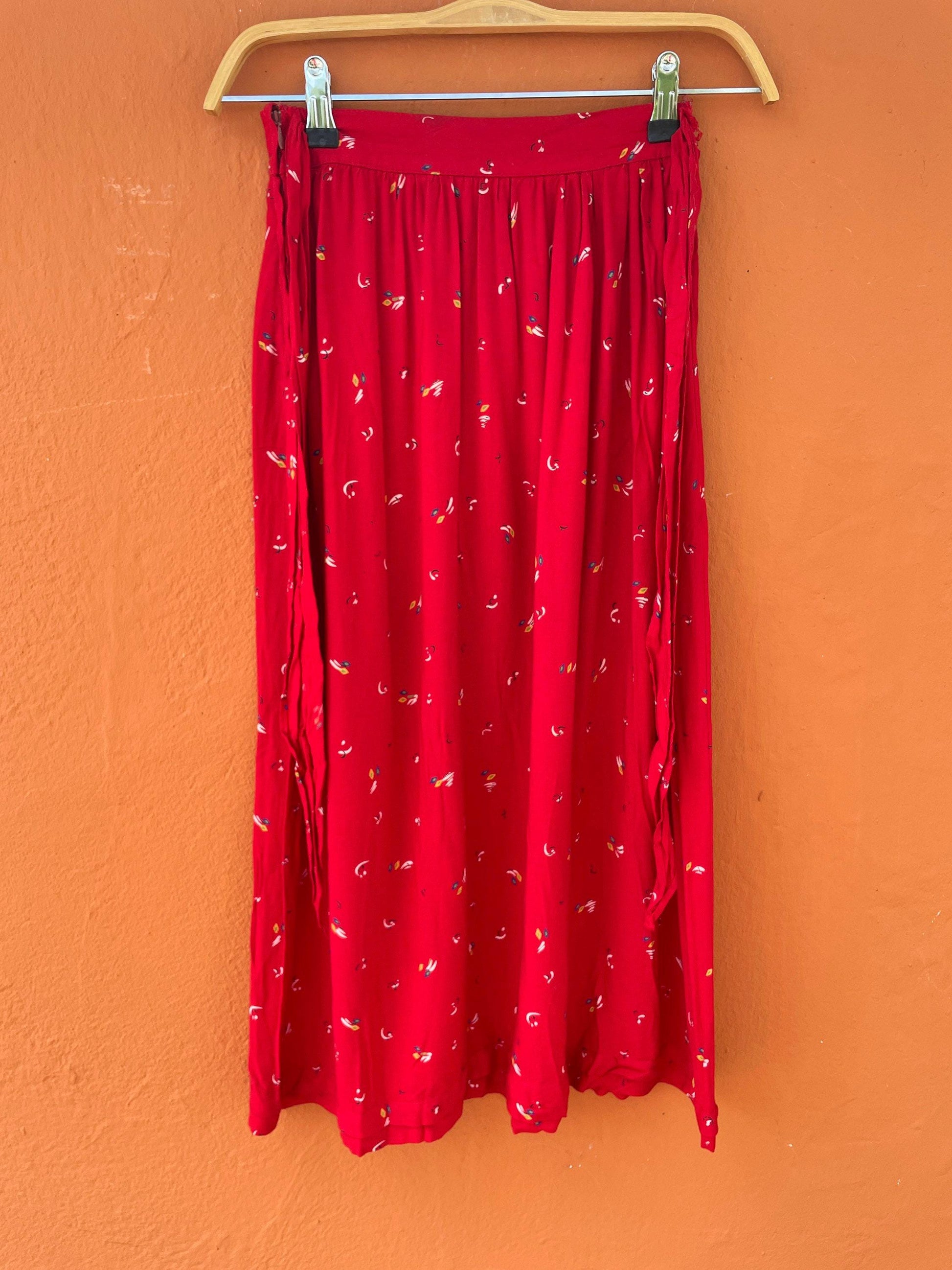 Vintage red lightweight summer skirt, farm core midi skirt, high waist cottage core spring skirt, cute unique retro feminine clothing