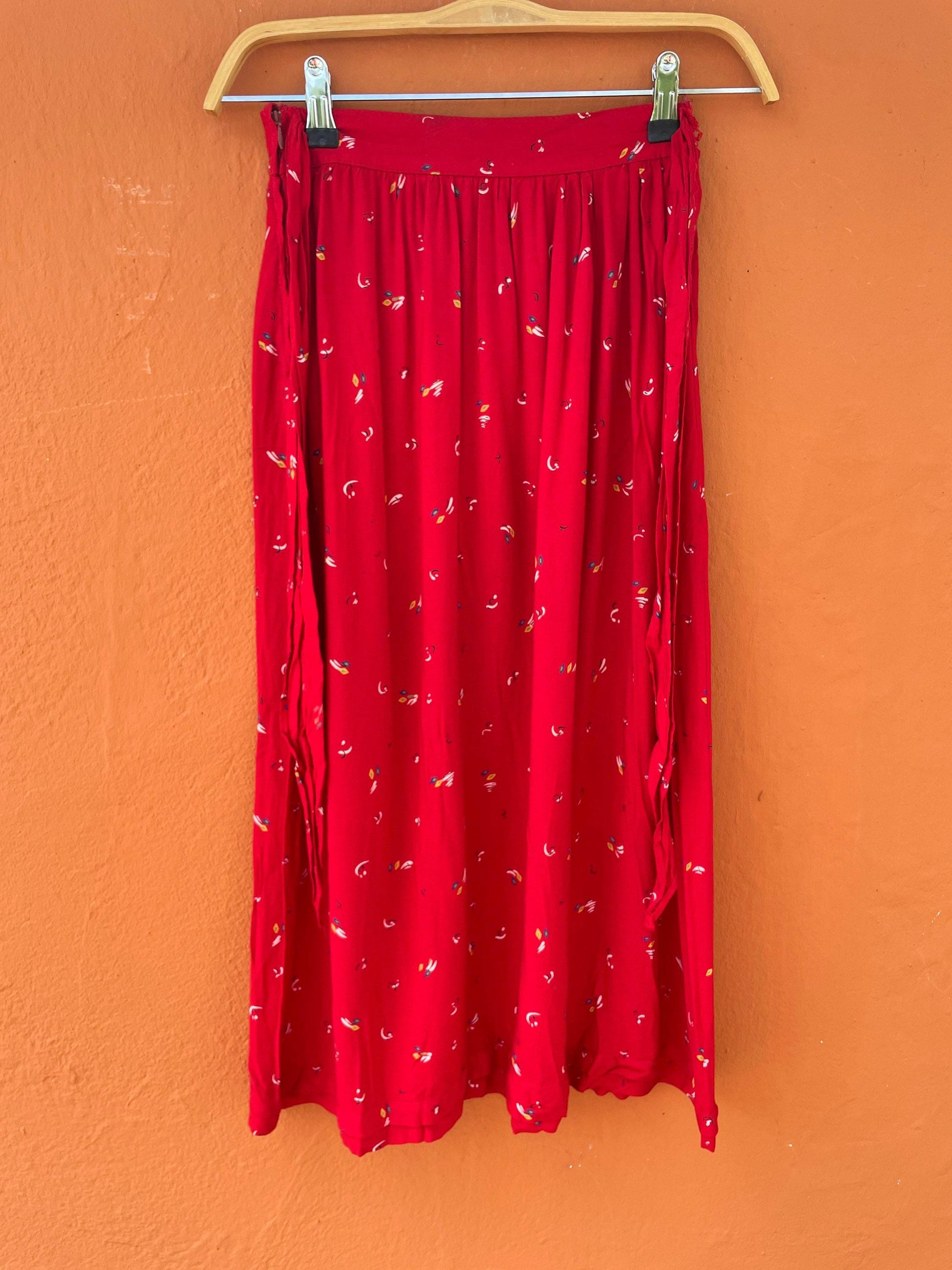 Vintage red lightweight summer skirt, farm core midi skirt, high waist cottage core spring skirt, cute unique retro feminine clothing