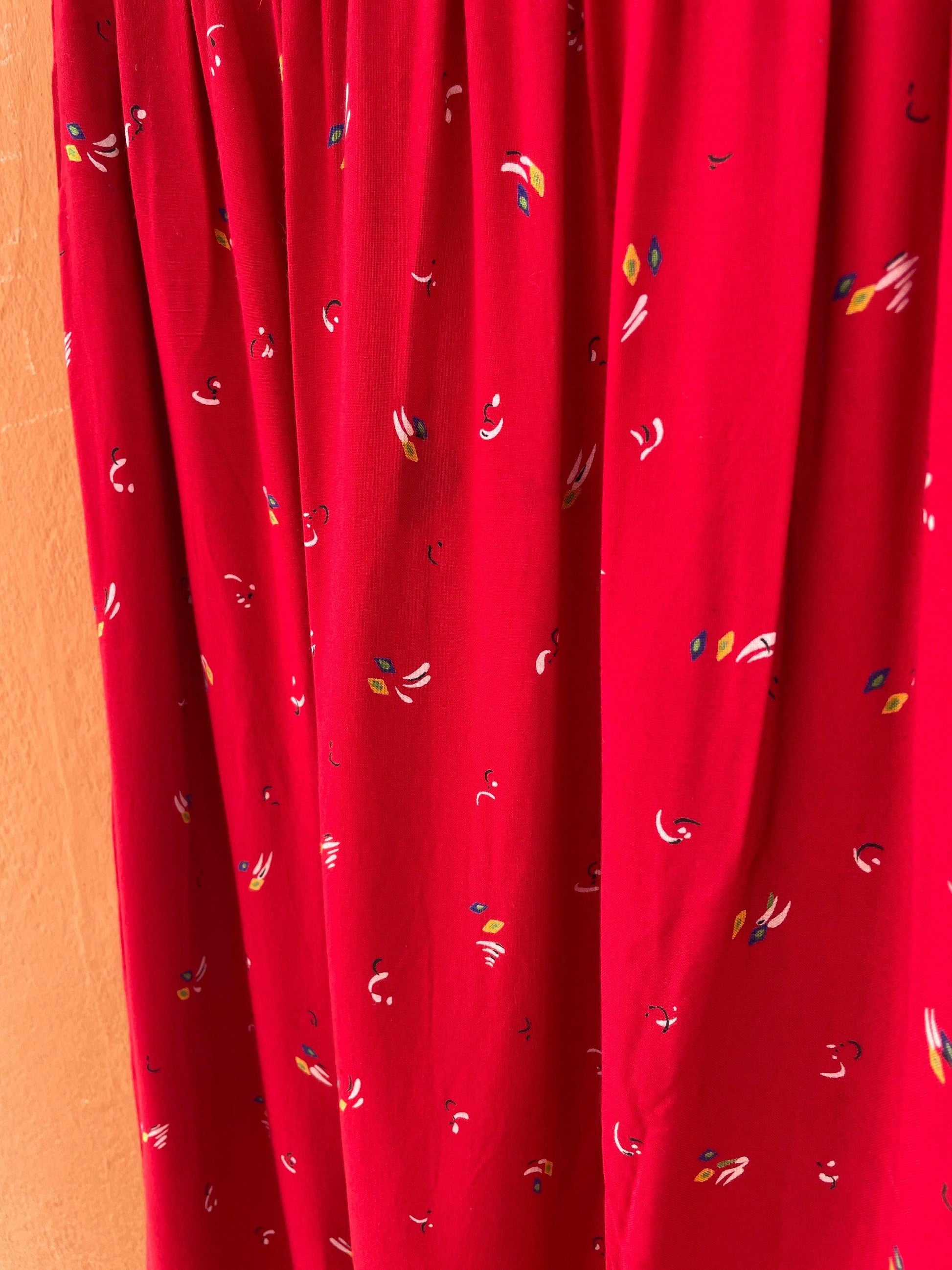 Vintage red lightweight summer skirt, farm core midi skirt, high waist cottage core spring skirt, cute unique retro feminine clothing