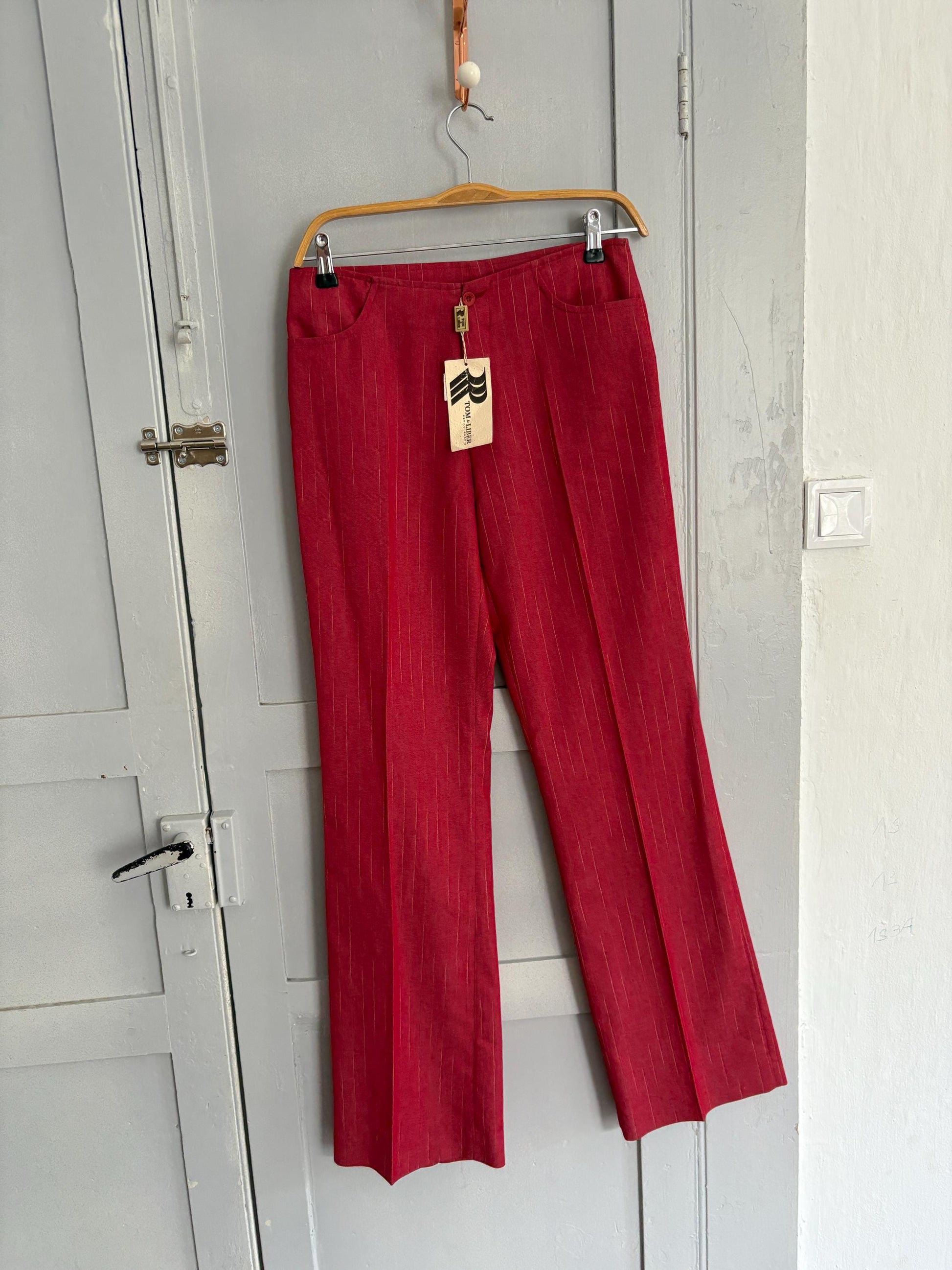 Vintage pinstripe pants, unique statement clothing, retro luxury red trousers, elegant 2000s style high waist flared fit pants, size l